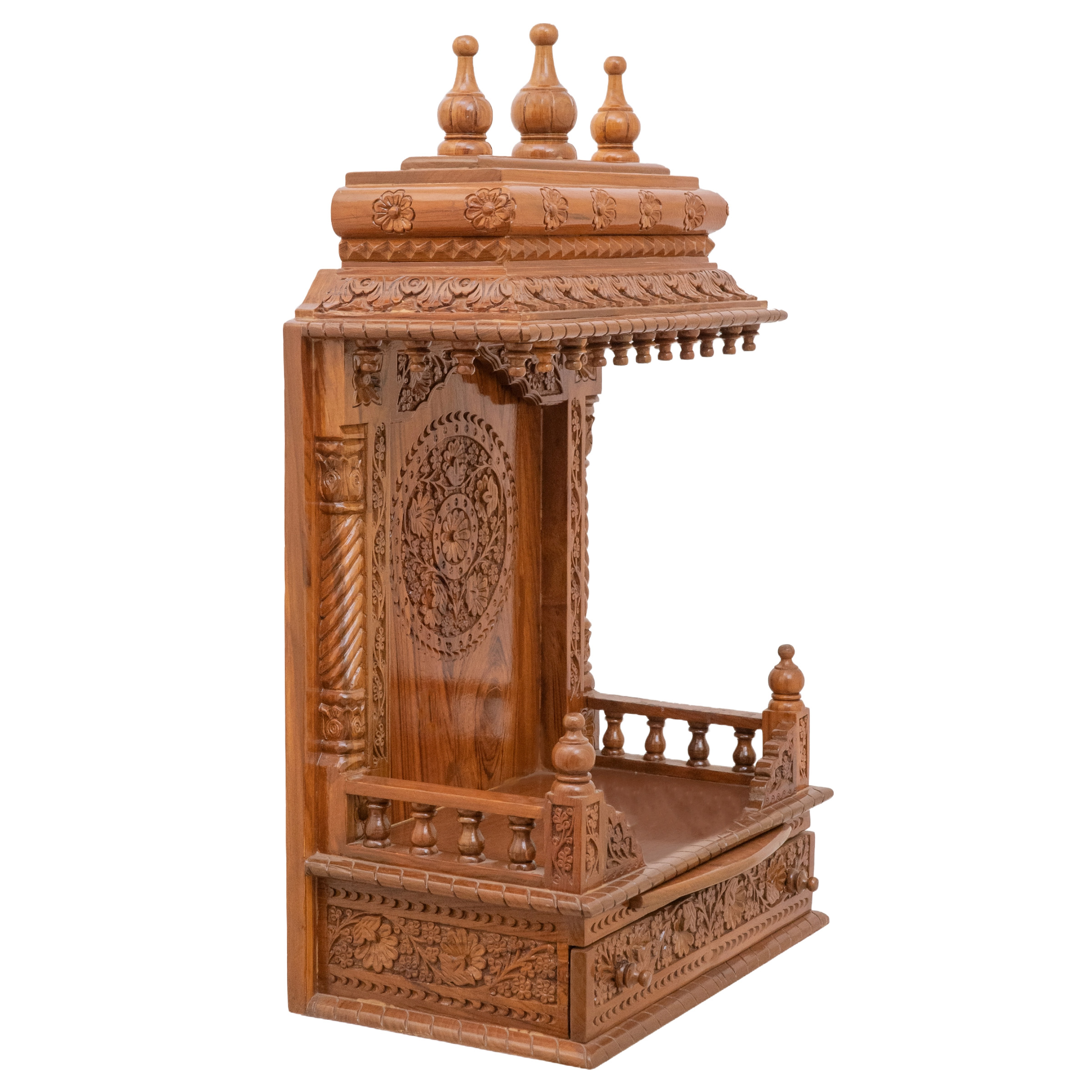 Present the Gopura wooden mandir aligned to the right side of the image