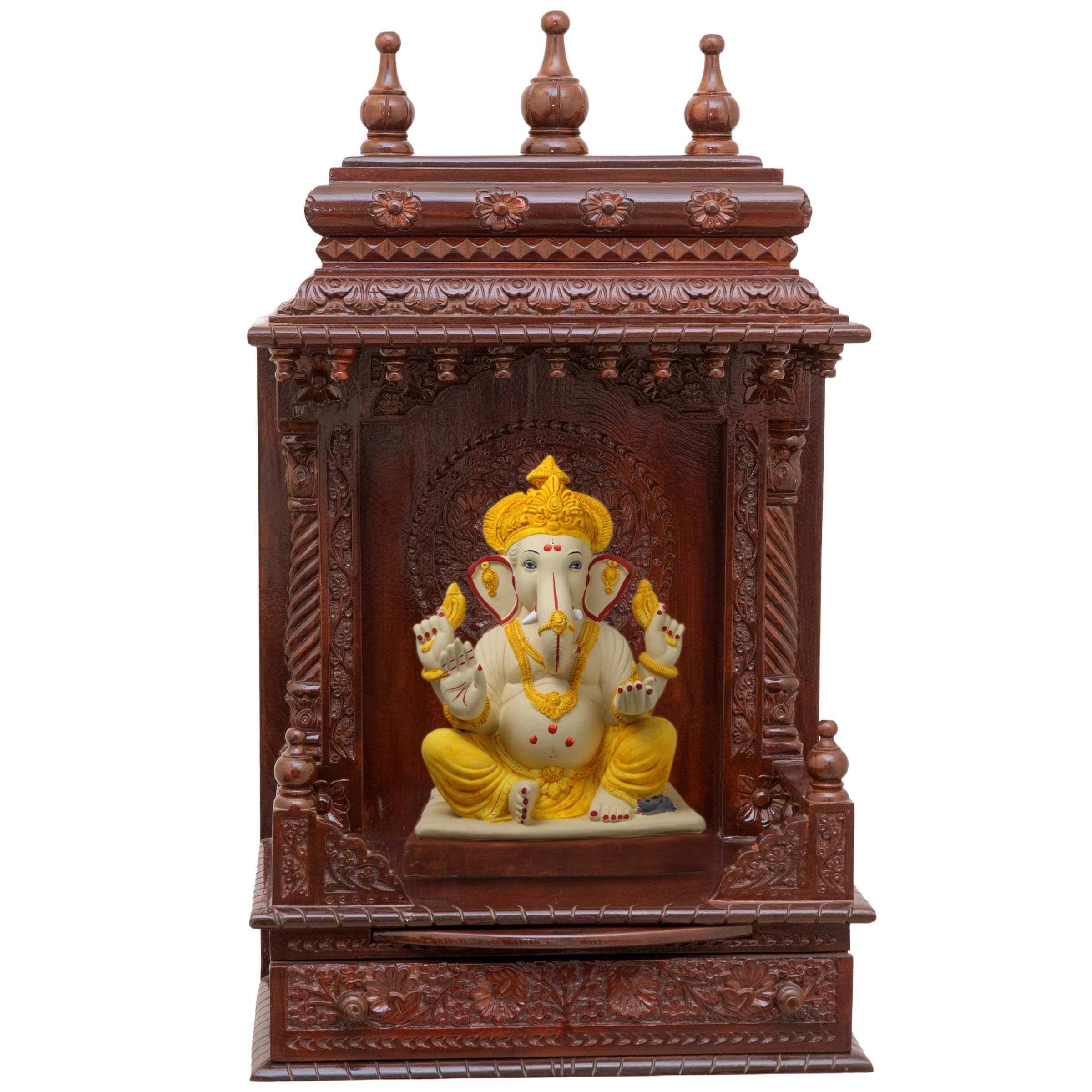 Show the interior of the gopura wooden mandir with a deity or spiritual figure prominently displayed.