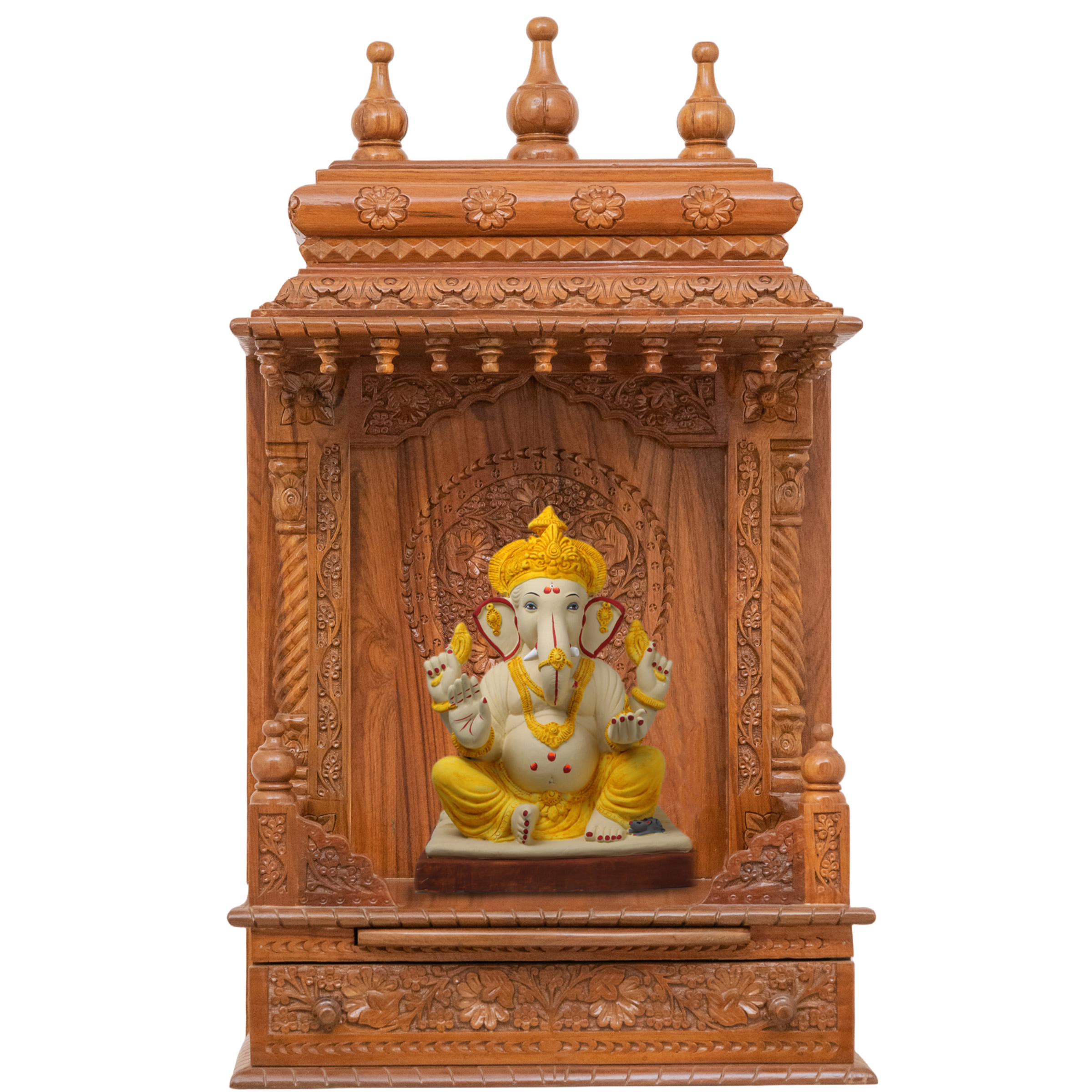 Show the interior of the gopura wooden mandir with a deity or spiritual figure prominently displayed.