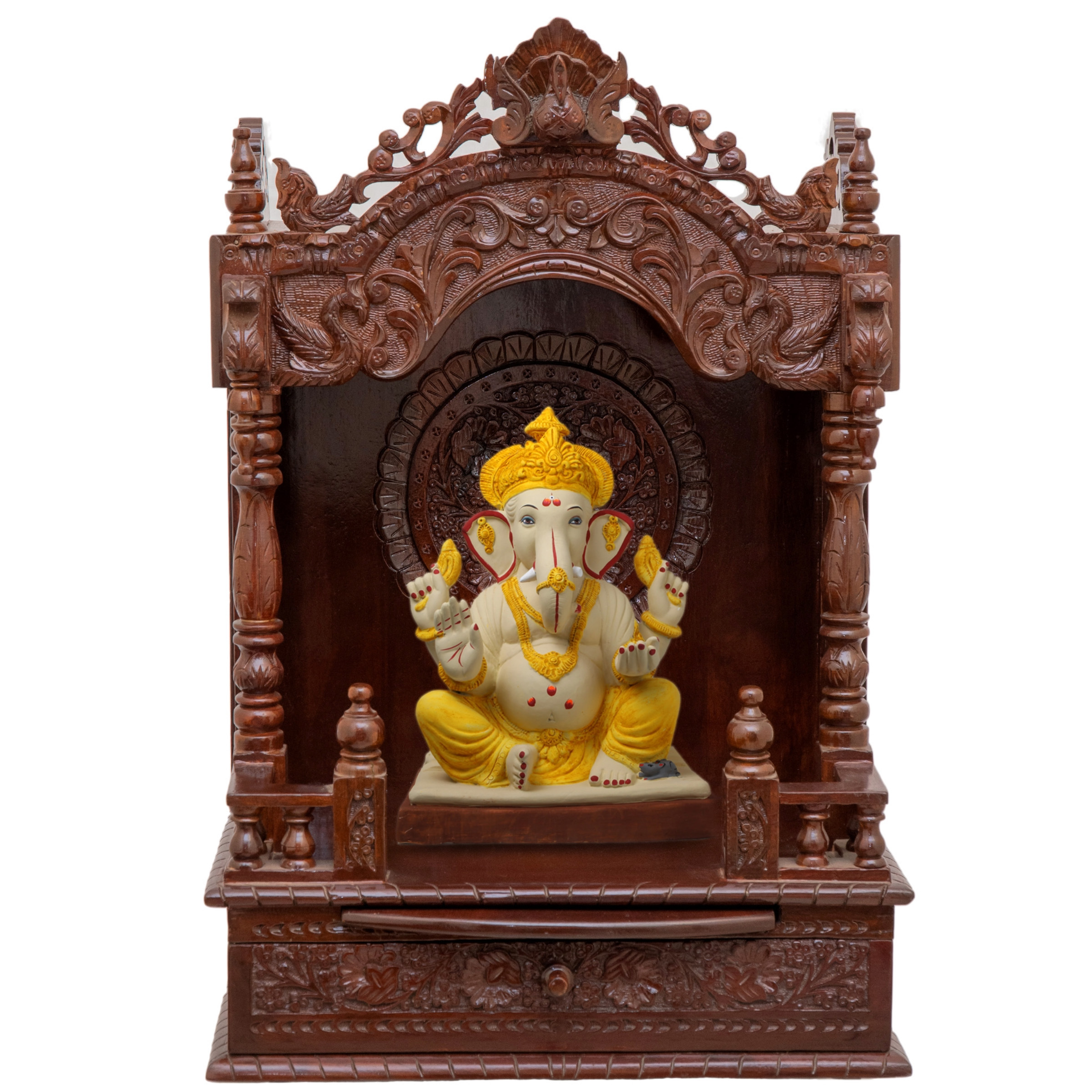 Show the interior of the mandap wooden mandir with a deity or spiritual figure prominently displayed.