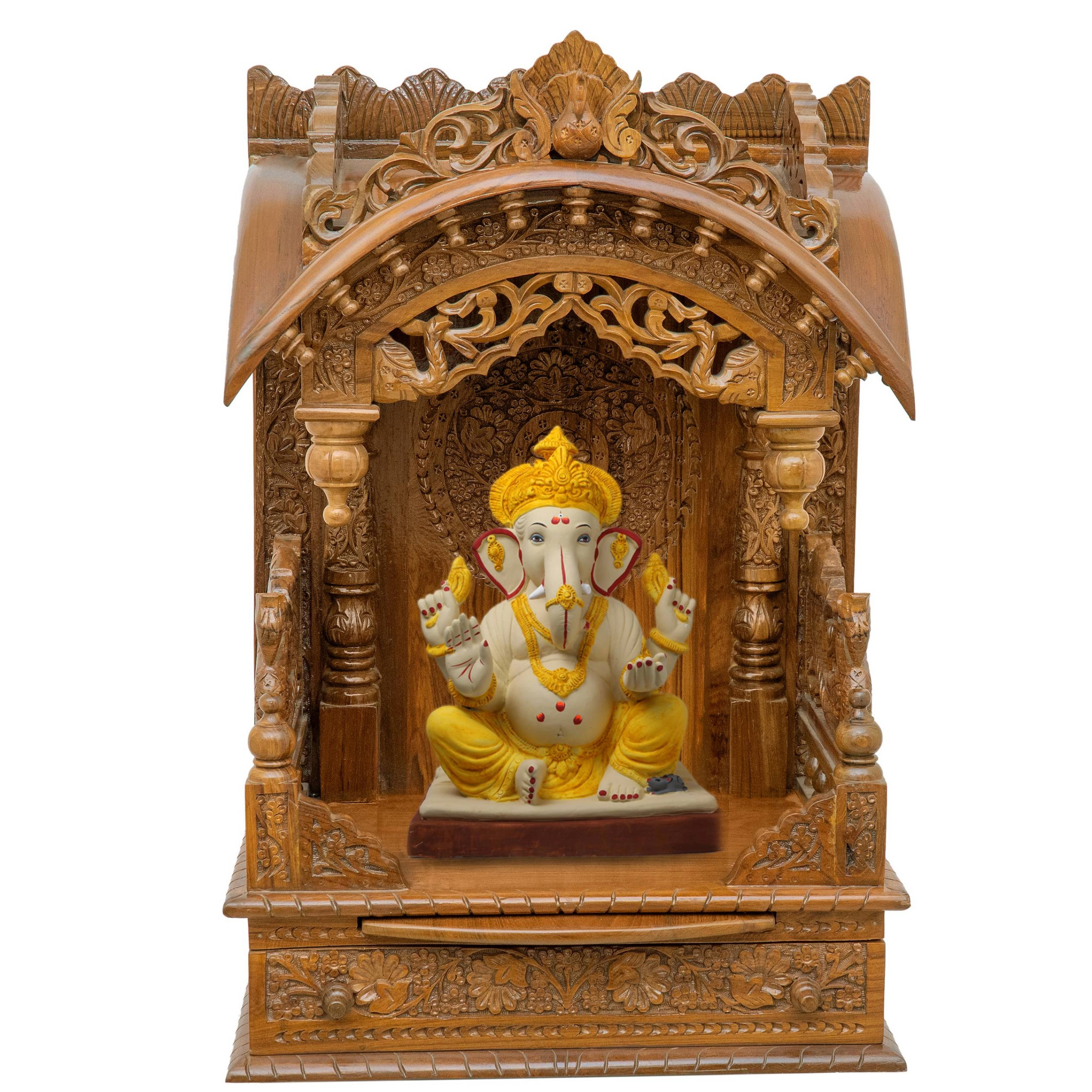 Show the interior of the torana wooden mandir with a deity or spiritual figure prominently displayed.