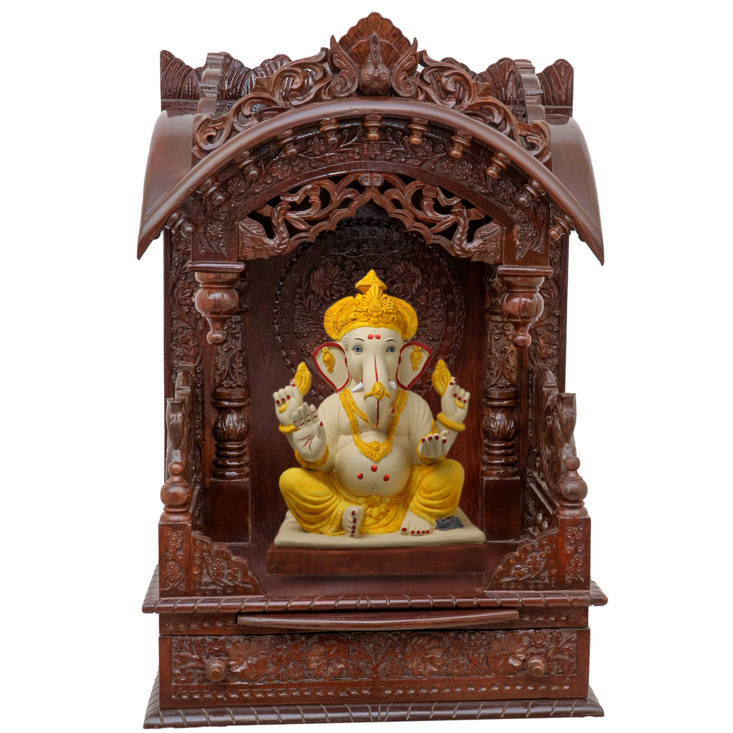Show the interior of the torana wooden mandir with a deity or spiritual figure prominently displayed.