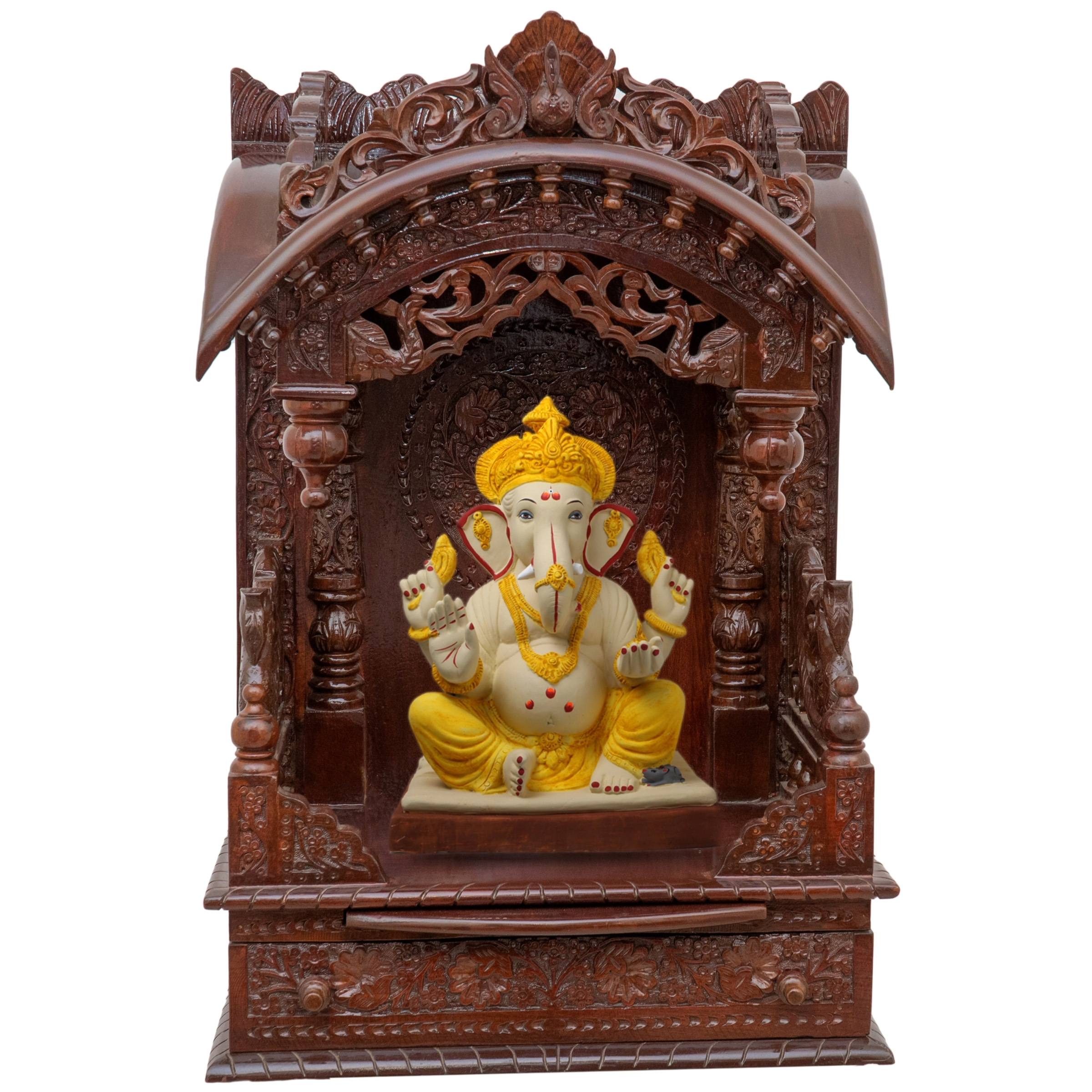 Show the interior of the torana wooden mandir with a deity or spiritual figure prominently displayed.