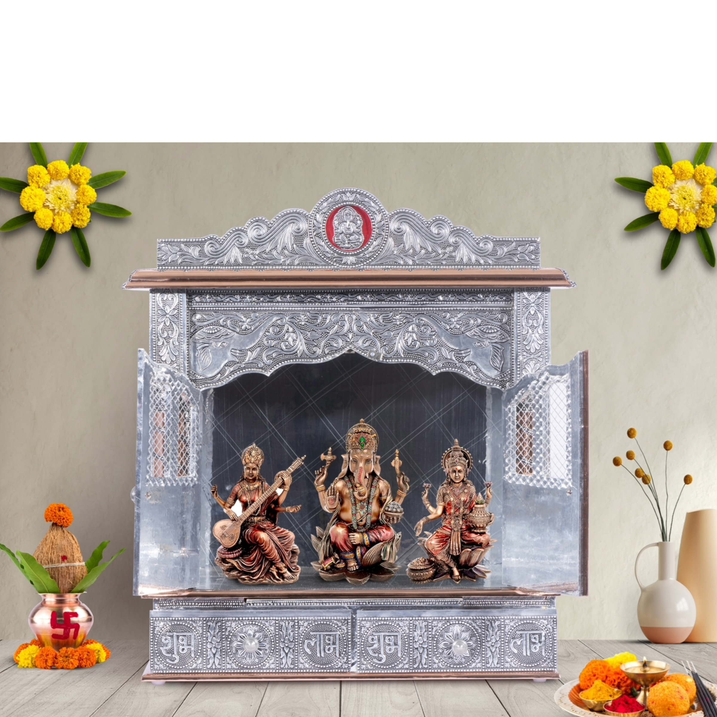 Illustrate the copper oxidized mandir in a lifestyle setting, such as a well-designed living room or prayer room