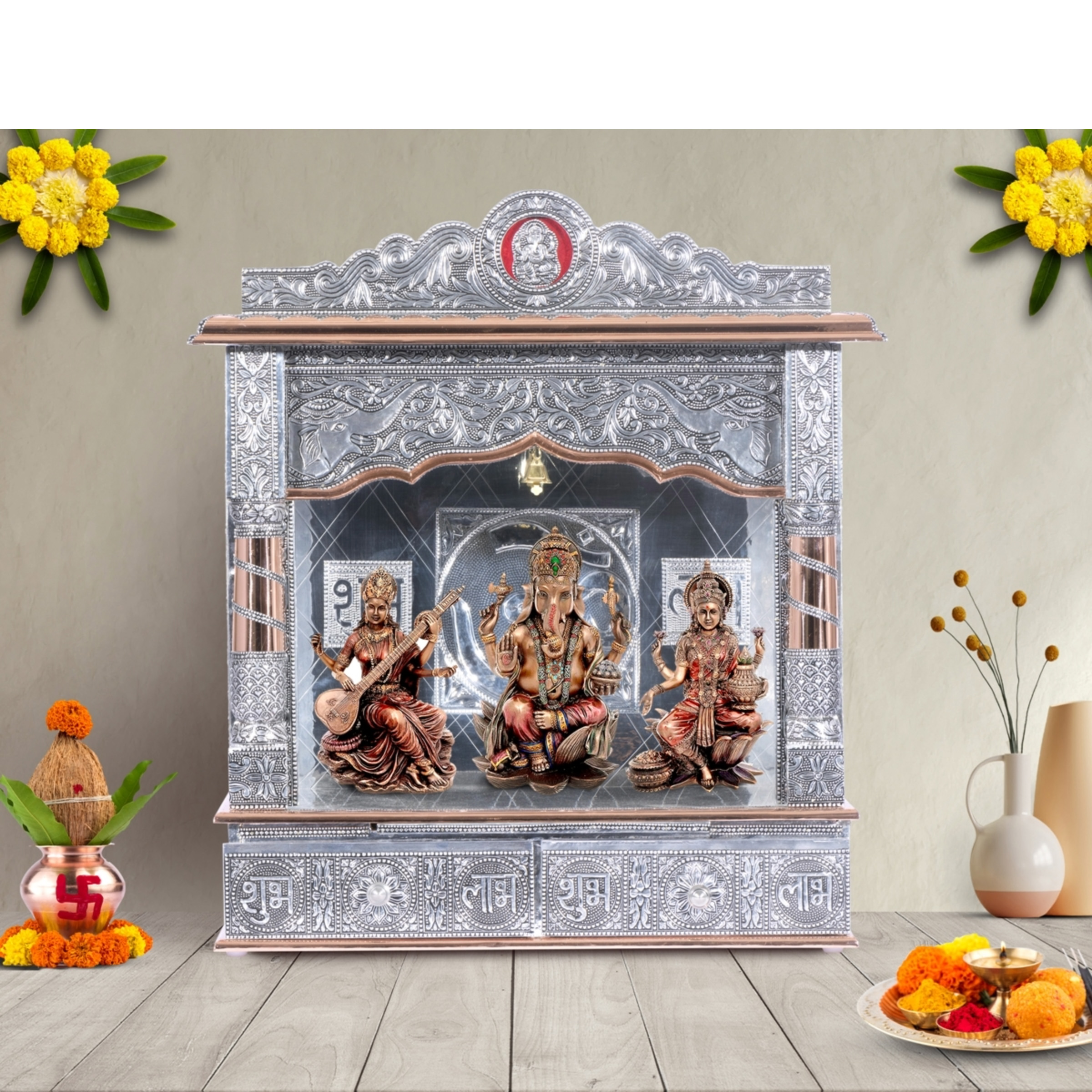 Illustrate the copper oxidized mandir in a lifestyle setting, such as a well-designed living room or prayer room