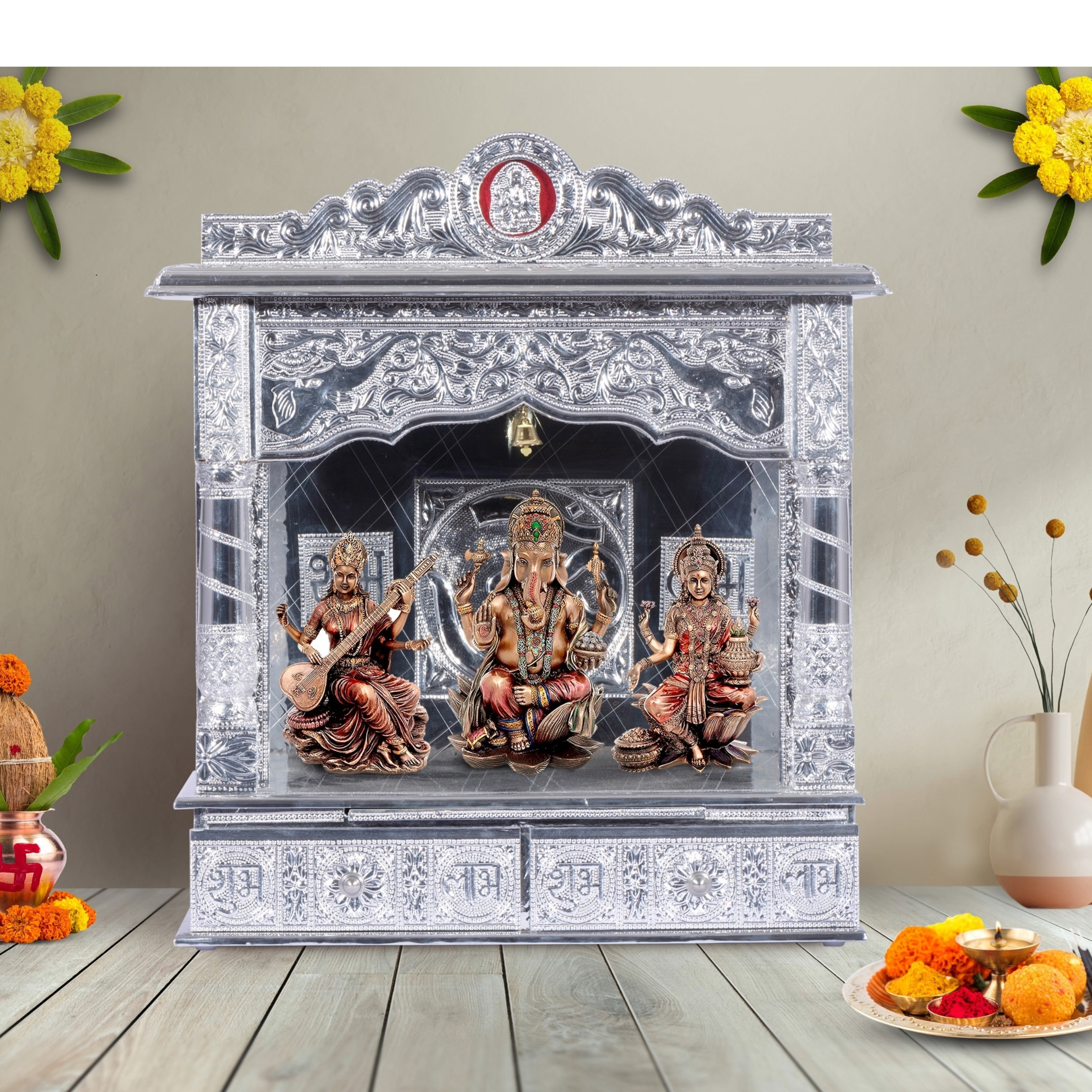 Illustrate the Pure Silver color Mandir in a lifestyle setting, such as a well-designed living room or prayer room