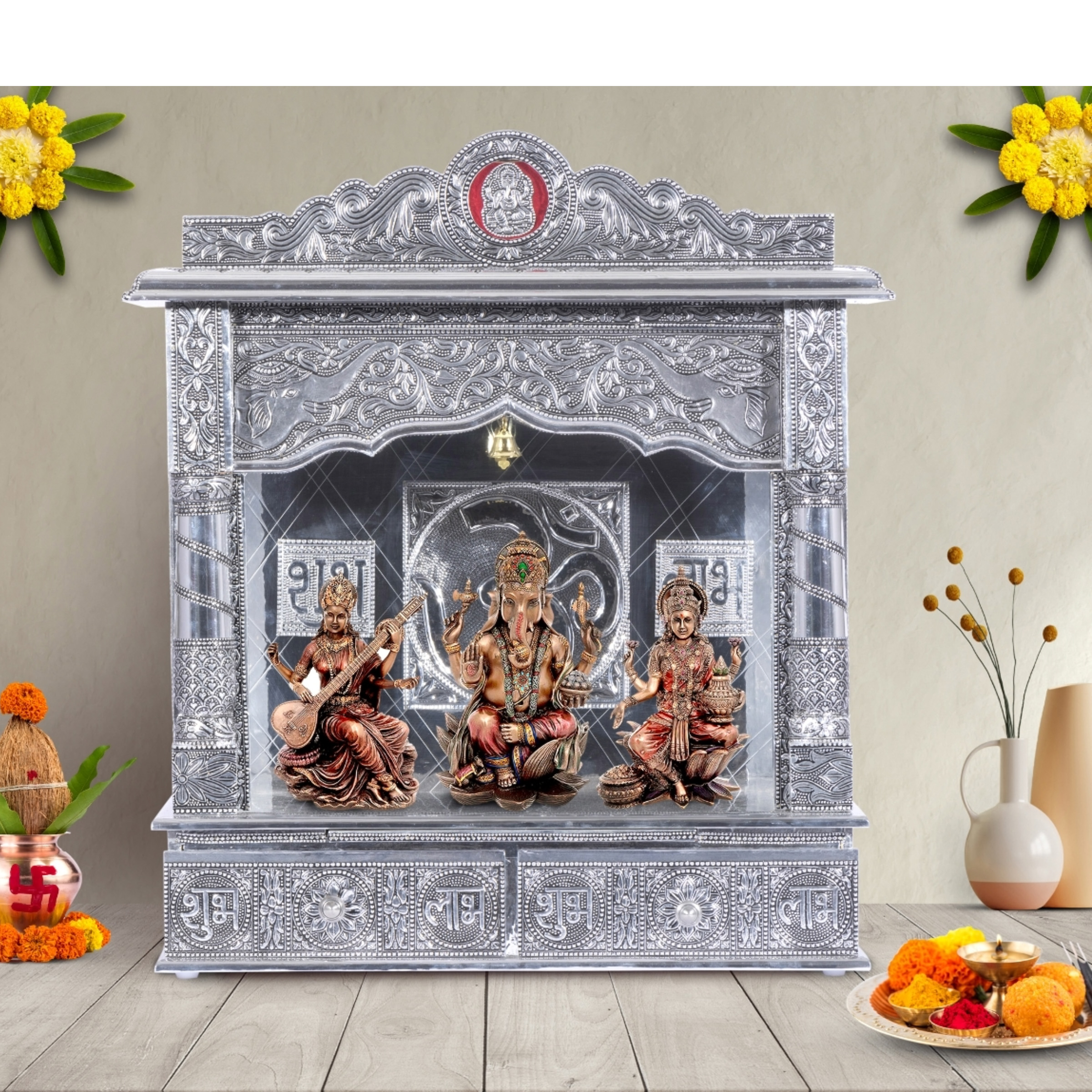 Illustrate the White Oxidized Home Pooja Mandir in a lifestyle setting, such as a well-designed living room or prayer room