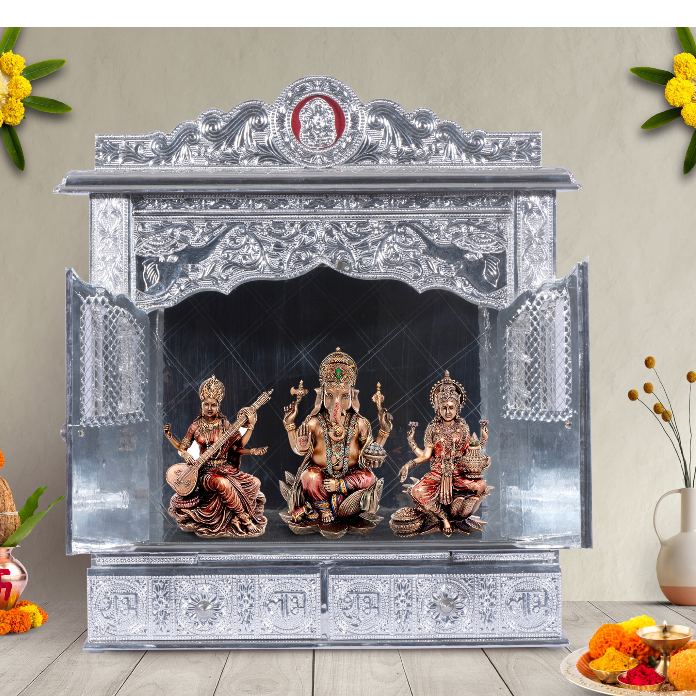 Illustrate the Pure Silver color Mandir in a lifestyle setting, such as a well-designed living room or prayer room