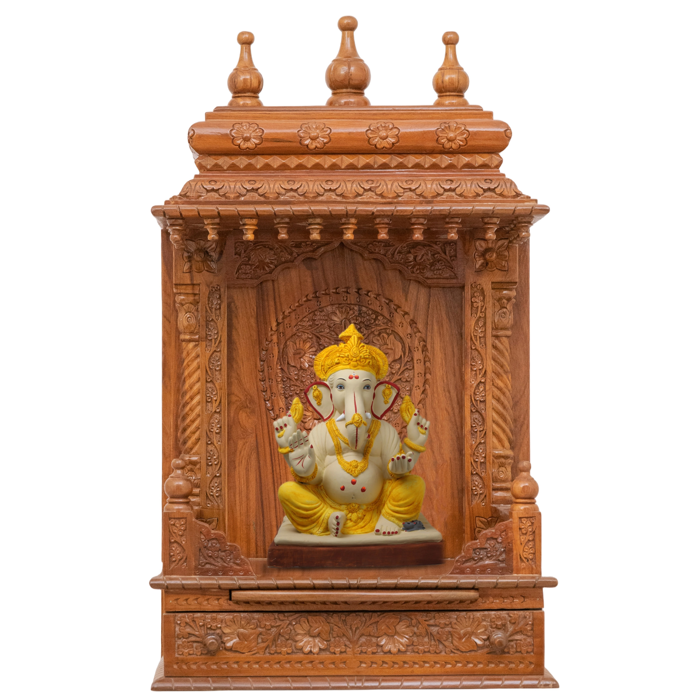 Showing the interior of the Gopura wooden mandir with a diety or spirutal figure displayed