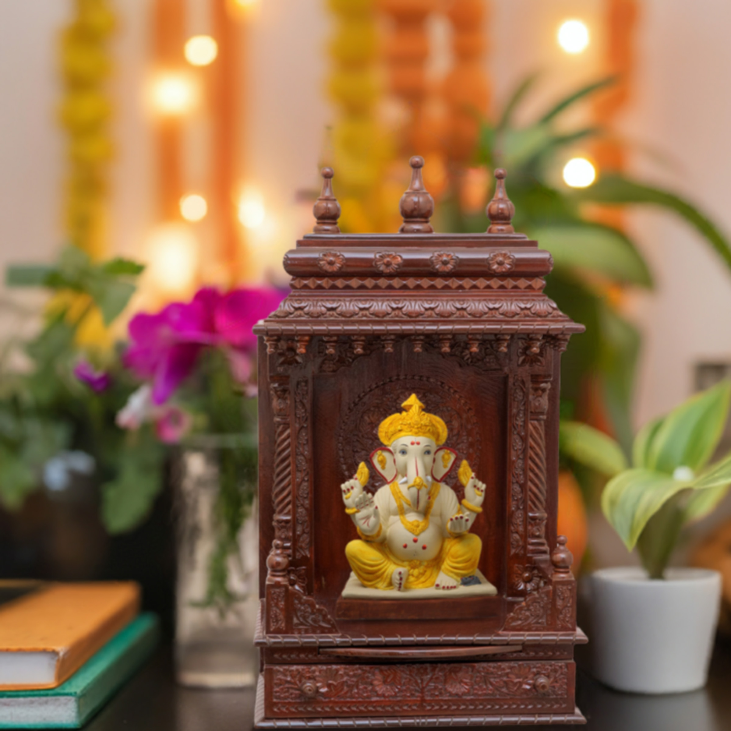 Illustrate the gopura wooden mandir in a lifestyle setting, such as a well-designed living room or prayer room