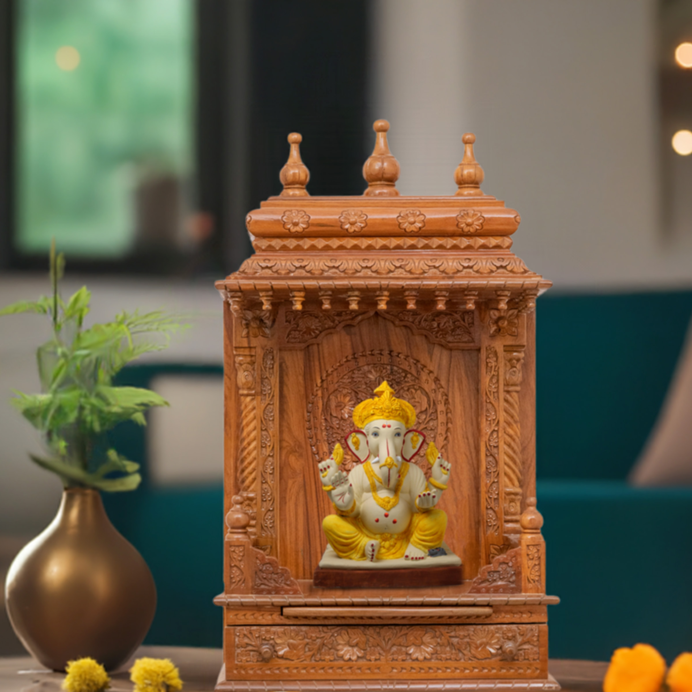 Illustrate the gopura wooden mandir in a lifestyle setting, such as a well-designed living room or prayer room