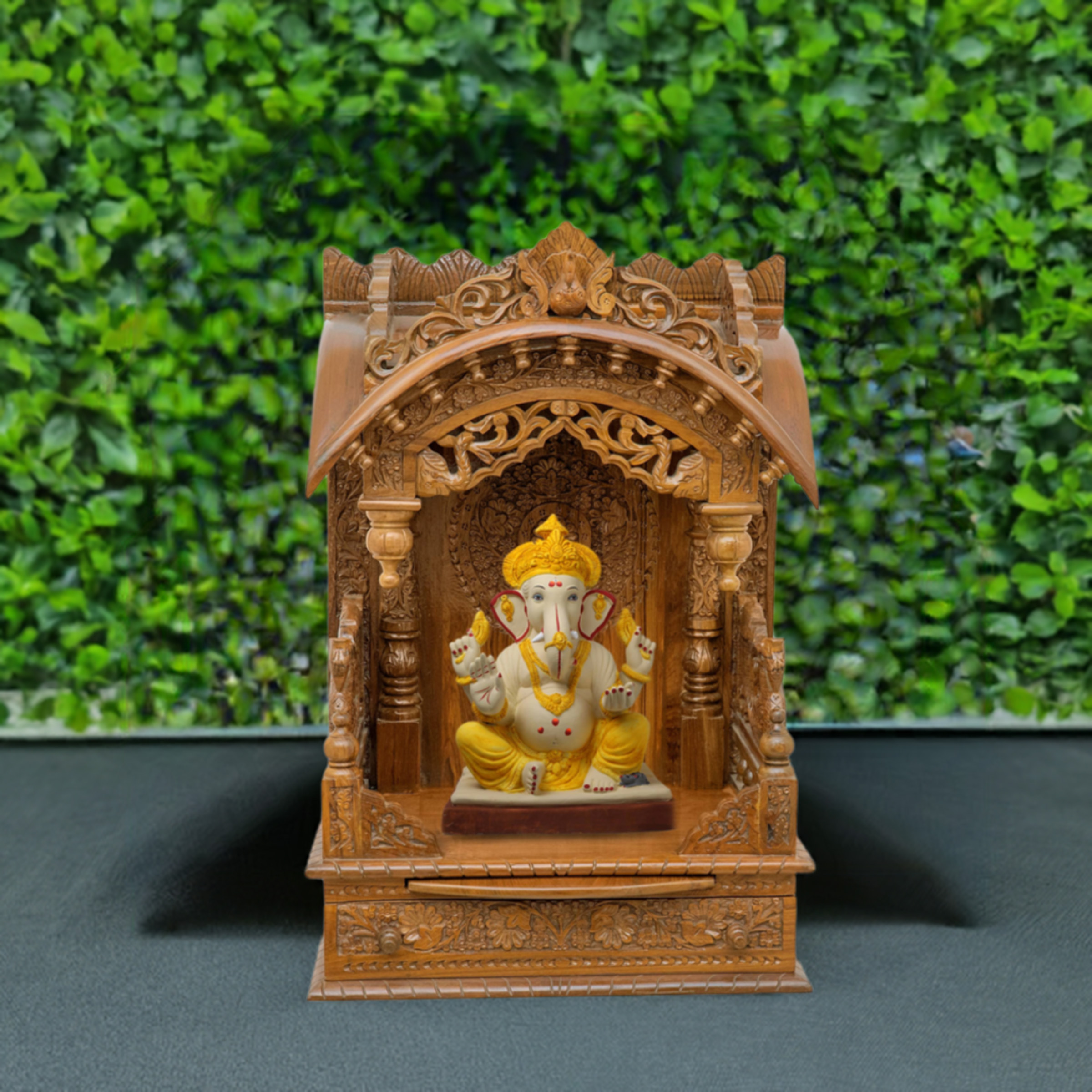 Illustrate the torana mandir in a lifestyle setting, such as a well-designed living room or prayer room