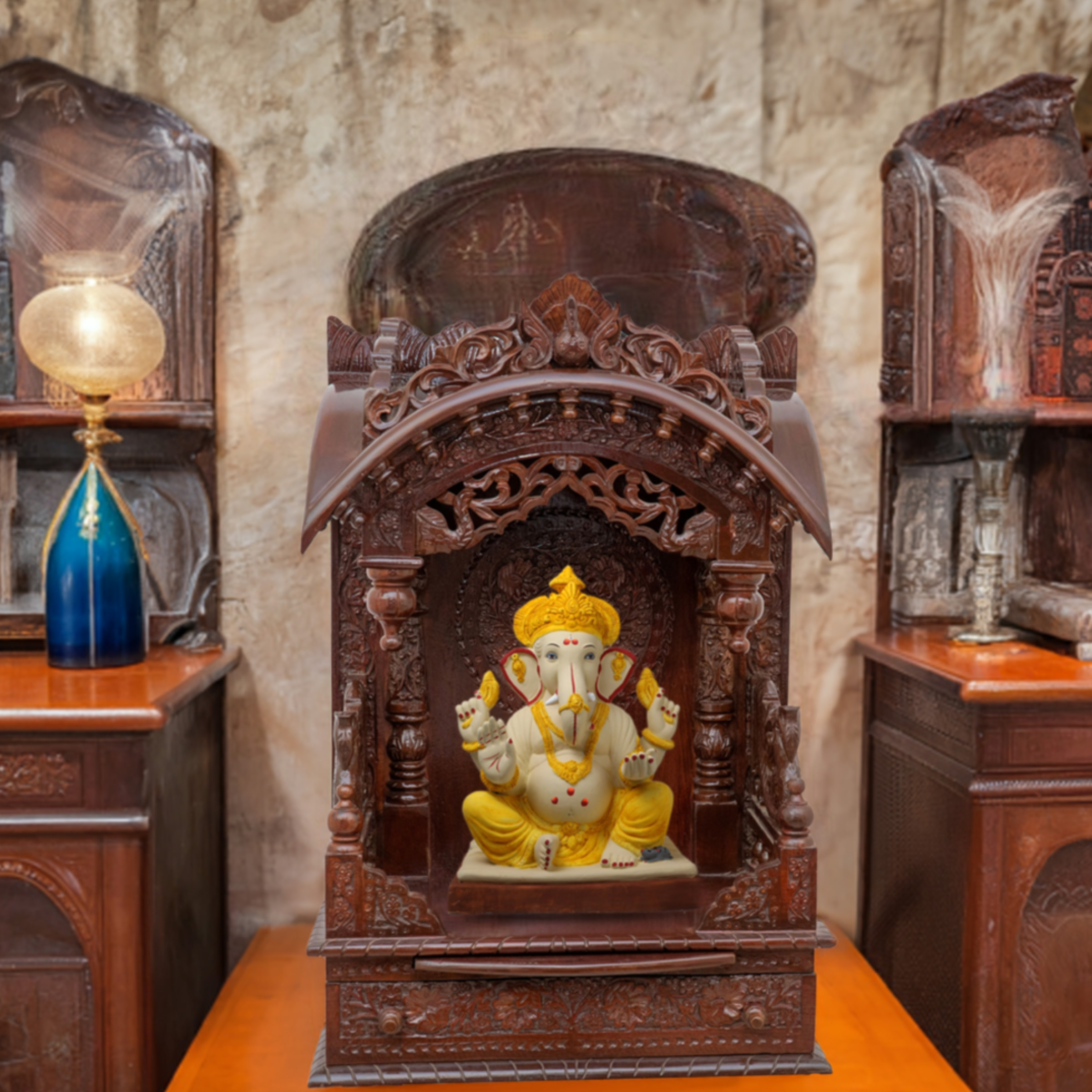 Illustrate the torana mandir in a lifestyle setting, such as a well-designed living room or prayer room