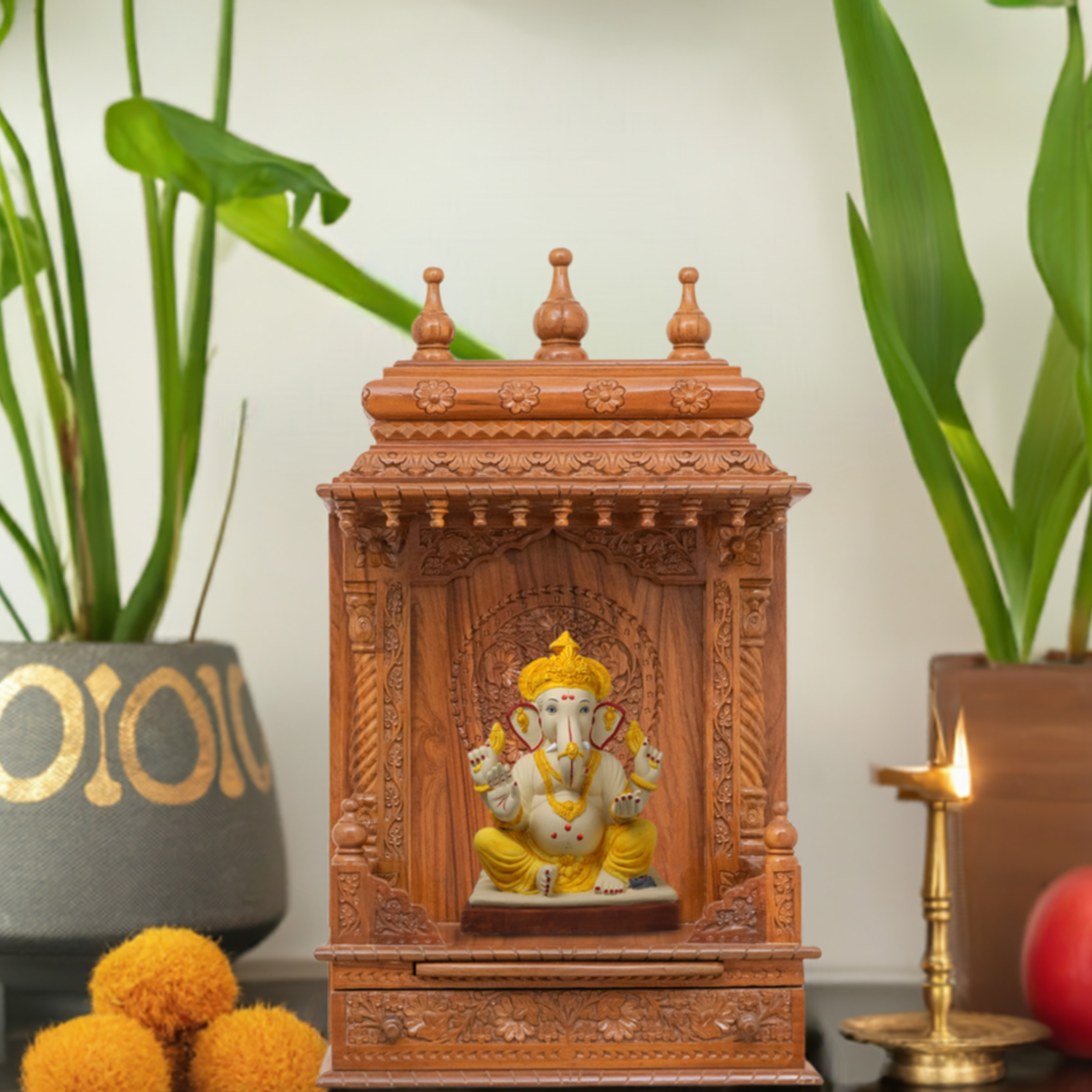 Illustrate the Gopura wooden mandir in a lifestyle setting, such as a well-designed living room or prayer room