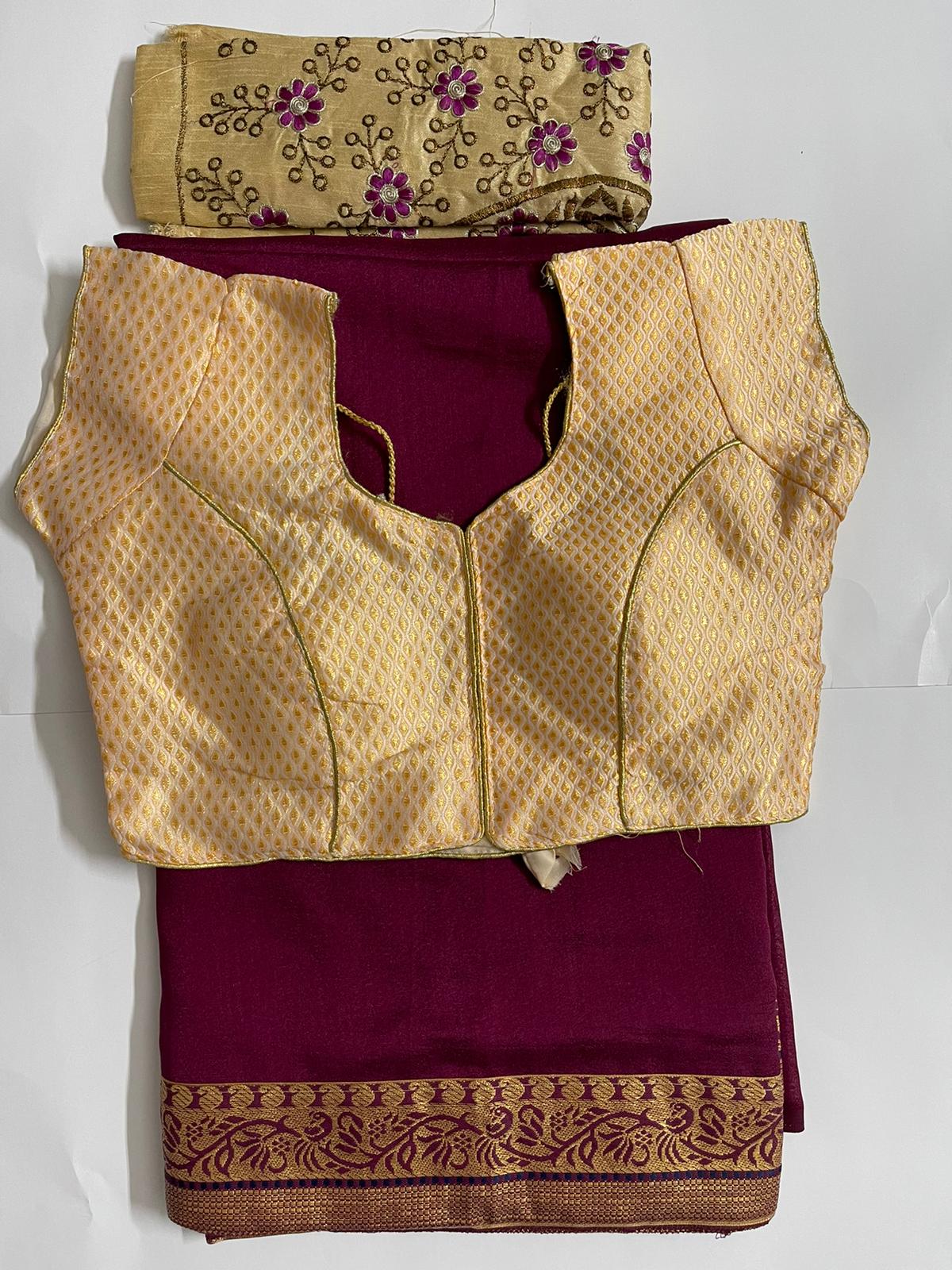 Merron saree with purple color flowers and creme readymade blouse