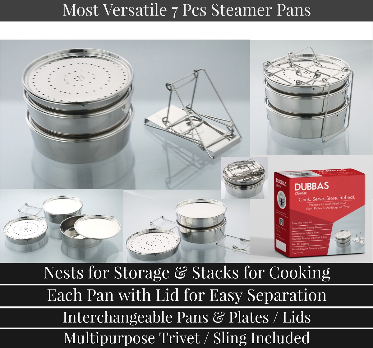 Dubbas - 3 Tier Stacking Insert Pans / Steamer For 6 Qt Instant Pot Cooker  PIP w/ Lids / Plates & Multipurpose Trivet / Sling to Cook, Serve, Store 