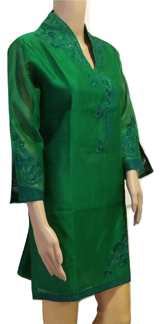 Light Green Rayon Thread Embroidery Straight Short Kurti Tunic Top main image 1