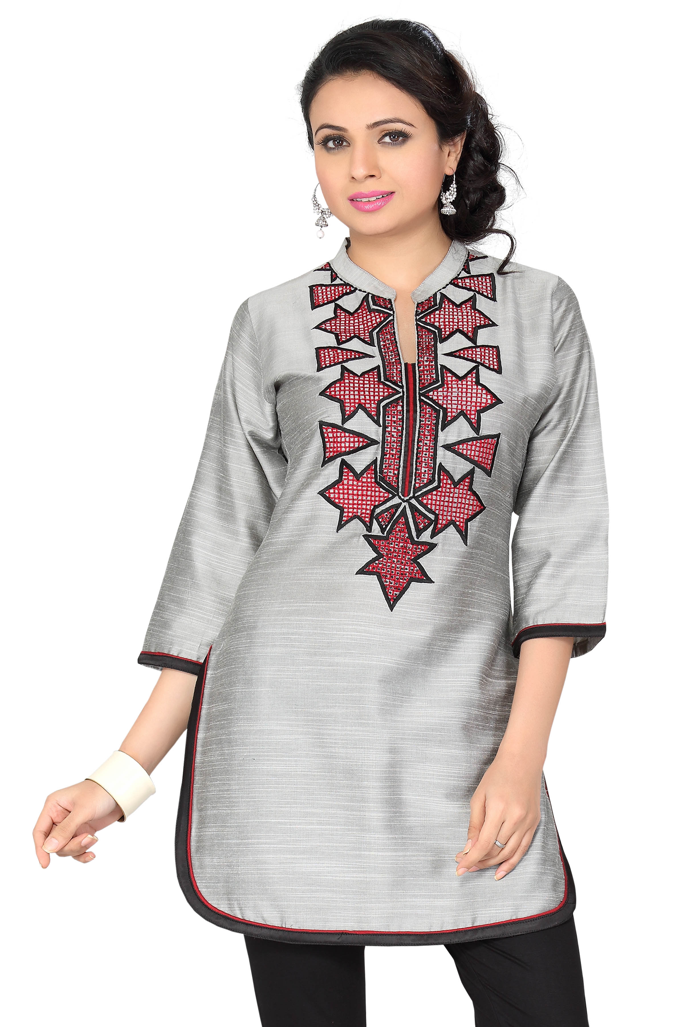 Bright Elegant Embroidery on Grey Raw Silk Kurti Tunic Size 46 28893