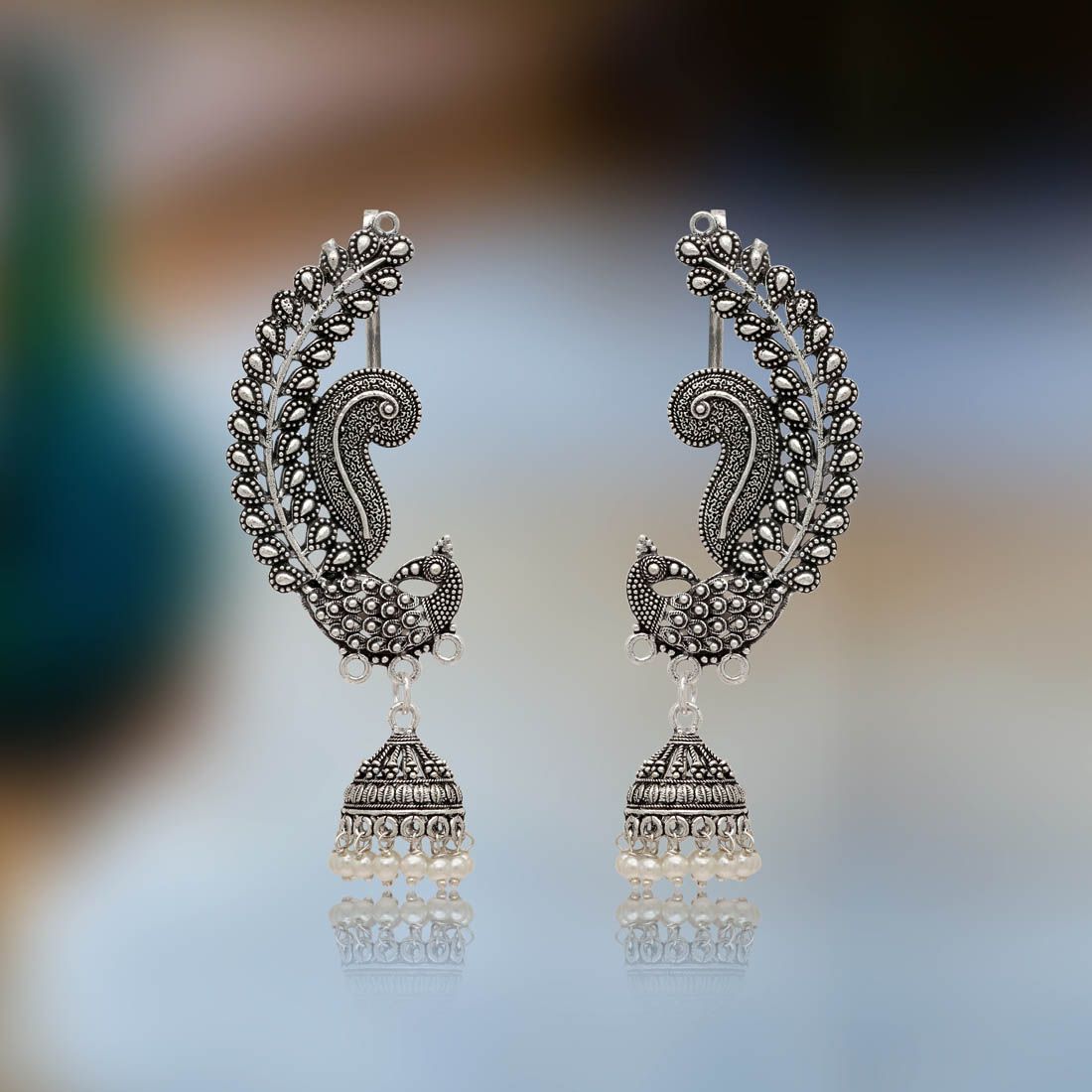 White Color Beads Oxidised Ear Cuf Peacock Earrings 35248 Buy