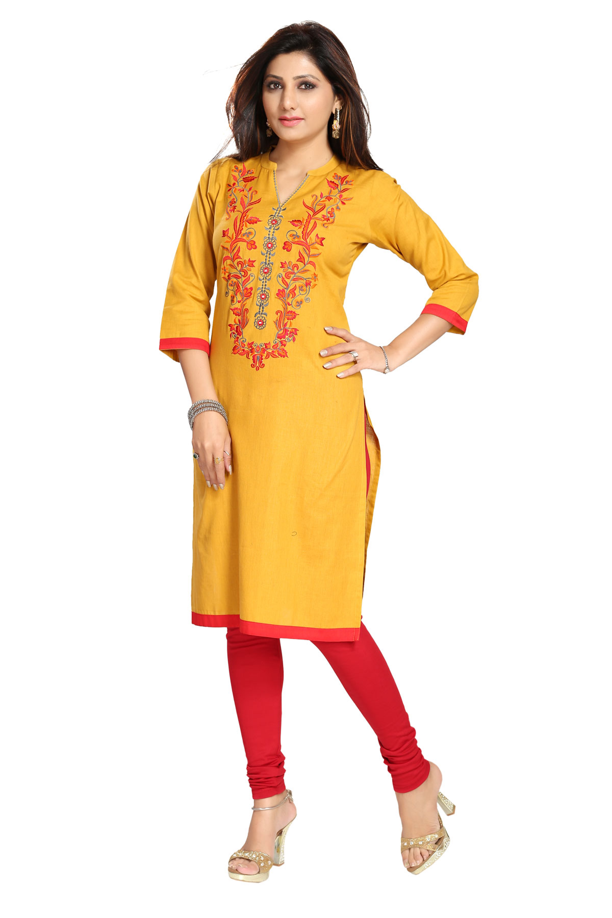 Magical Mustard Cotton Multicolor Embroidered Designer Kurti Tunic