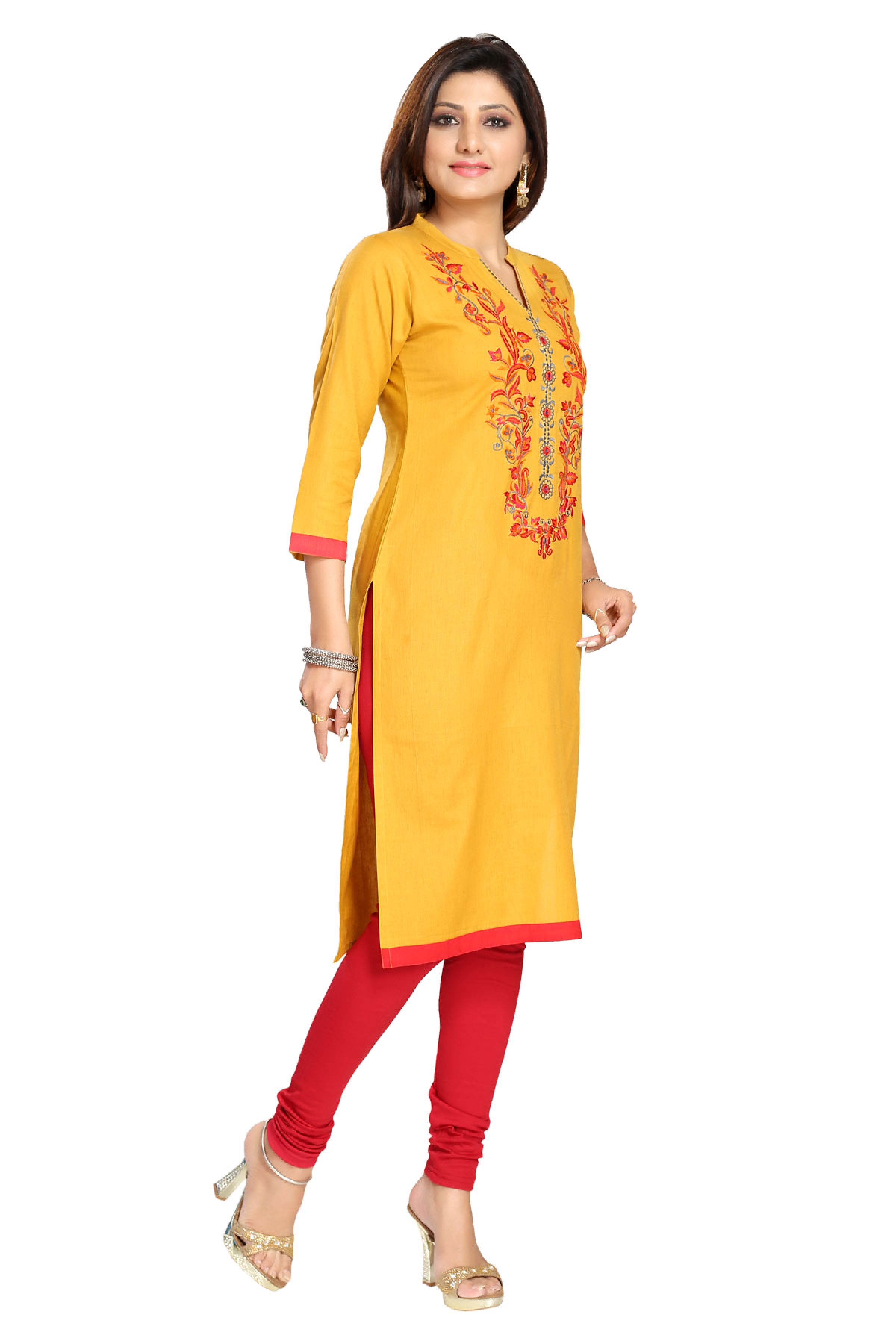 Magical Mustard Cotton Multicolor Embroidered Designer Kurti Tunic ...