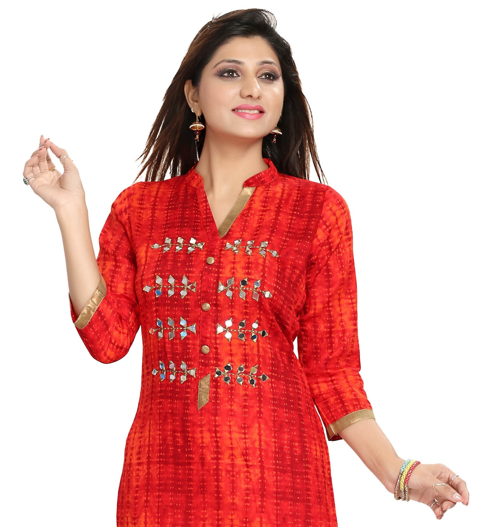 Beautiful Two-toned Orange Rayon Kurti Tunic Mirror Work Size 42, 44 ...