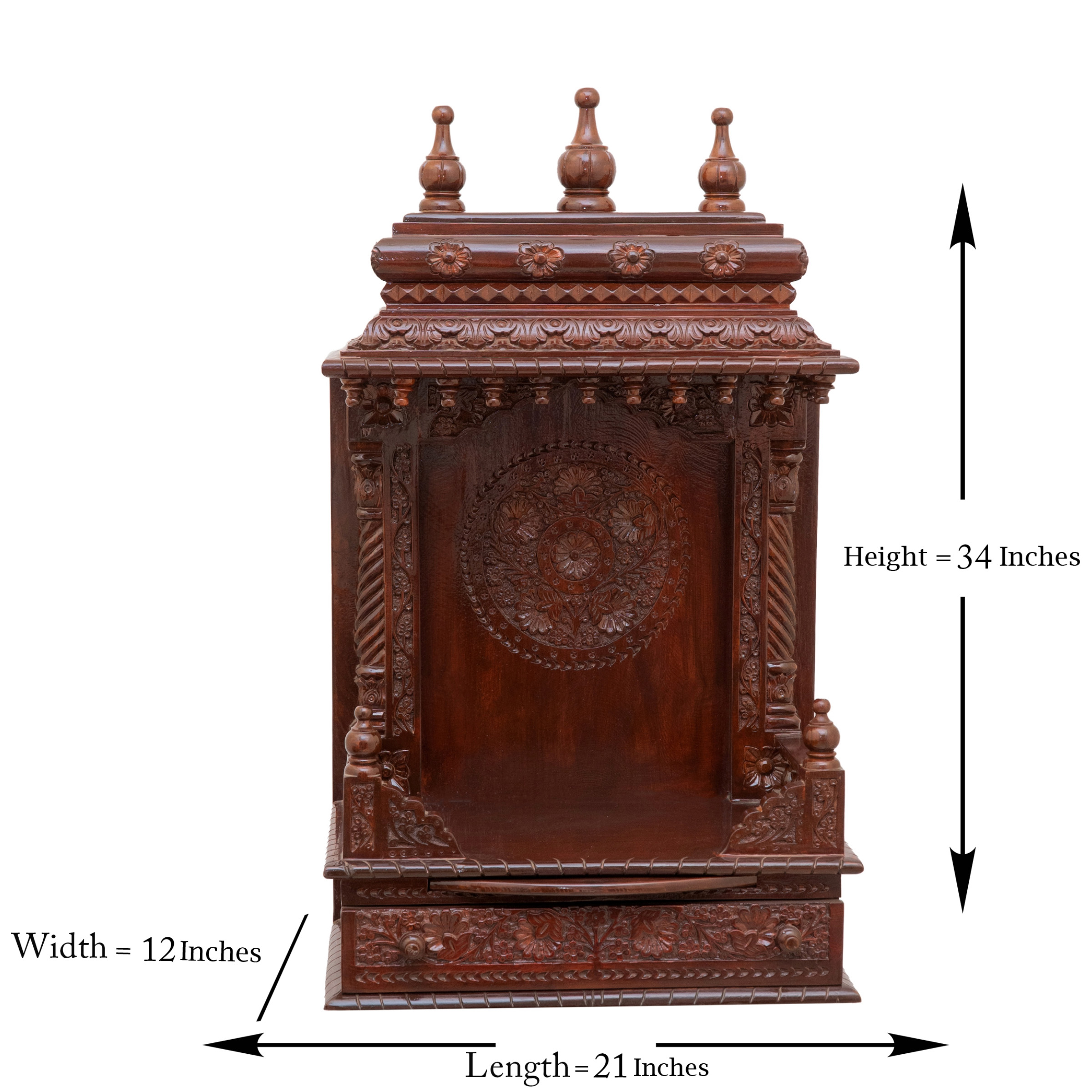 Display an image of the gopura wooden mandir with clear markings of its dimensions