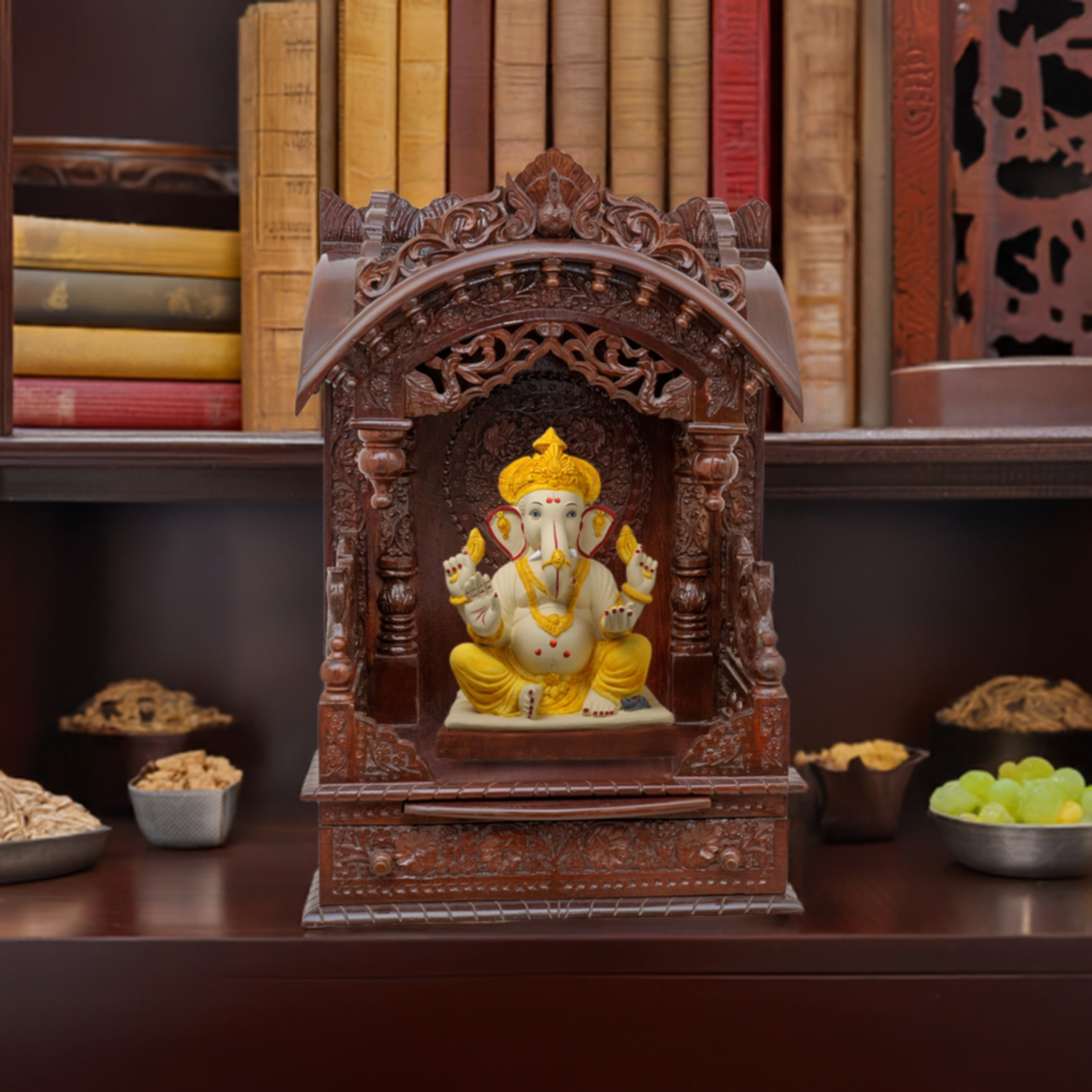 Illustrate the torana mandir in a lifestyle setting, such as a well-designed living room or prayer room