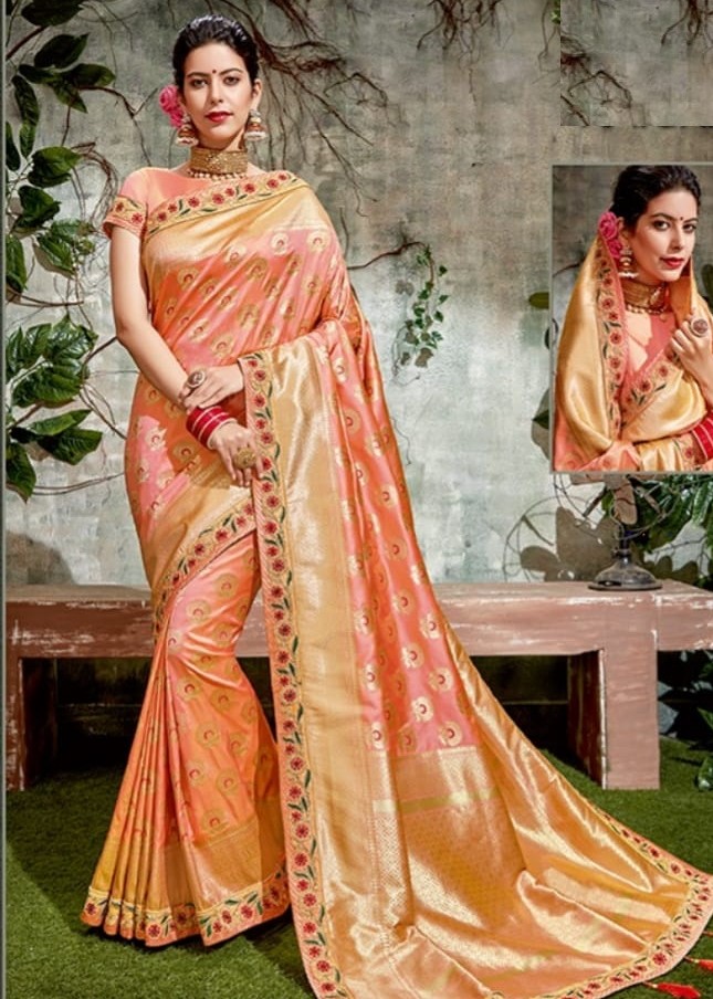 Shop Peach Blouse With Peach Saree Paired with Green Border | Designer Wear  | TheHLabel