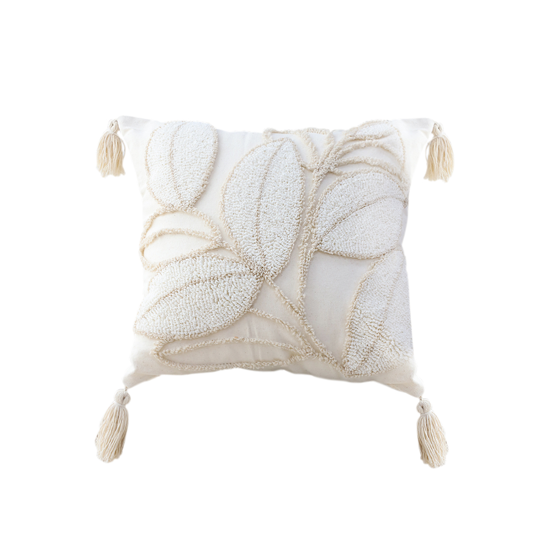 SOGA 45cm Wabi-sabi Cream Flower Cover & Beige Velvet Leaf Throw Pillow