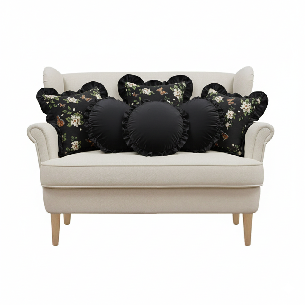 SOGA 6PC 45cm Vintage Black Square & Lotus Edge Round Pillow Cover Set