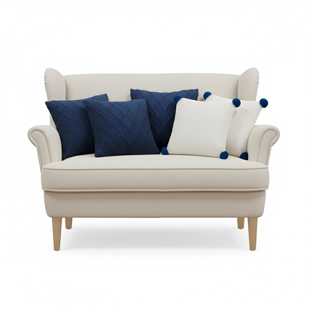 SOGA 5PC Navy Diamond Knit & Cream Ribbed Pom-Pom Pillow Covers