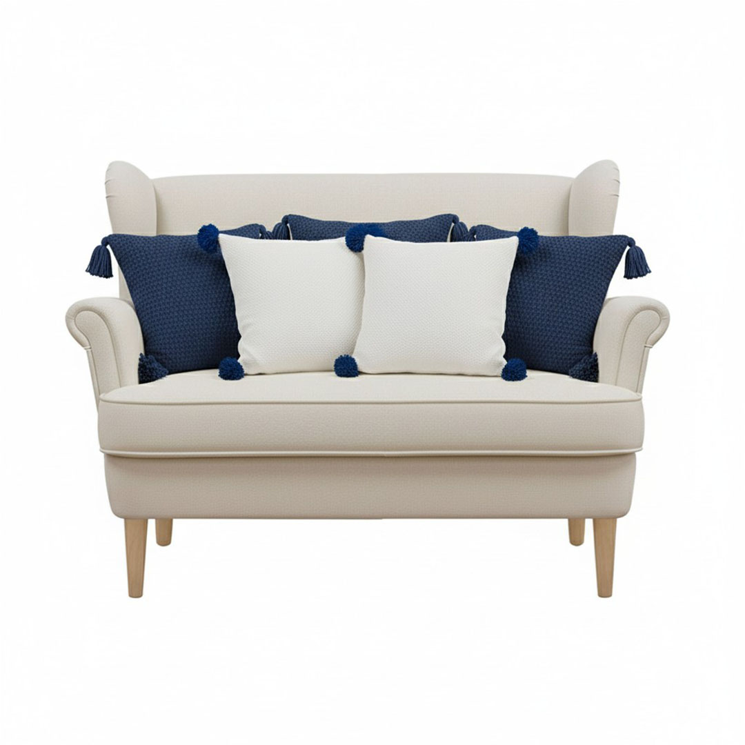 SOGA 5PC Chunky Knit Navy & Cream Ribbed Pom-Pom Pillow Covers for Sofa
