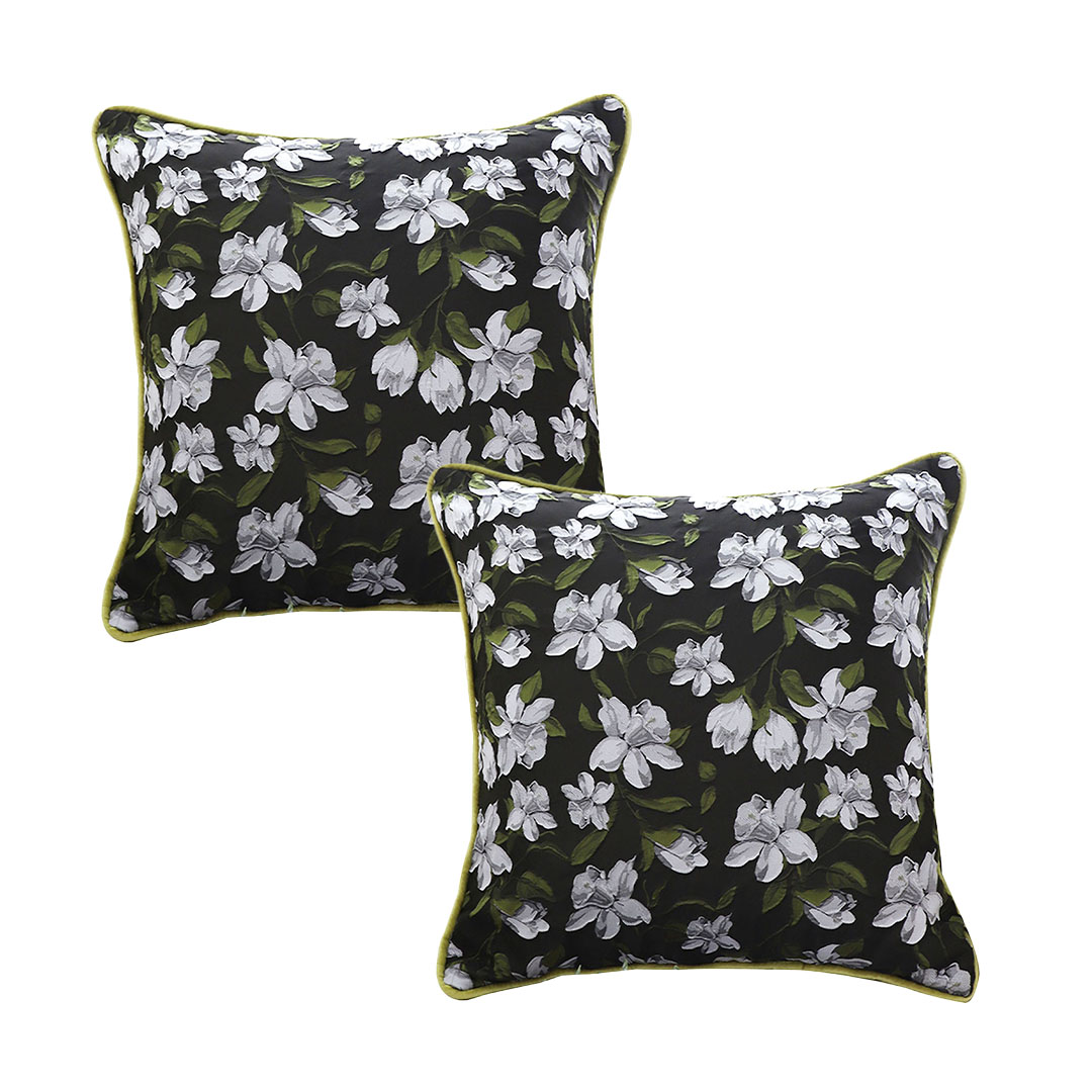 SOGA 2X 17.7 inches Black Floral Decorative Pillow Cover with Green Trim