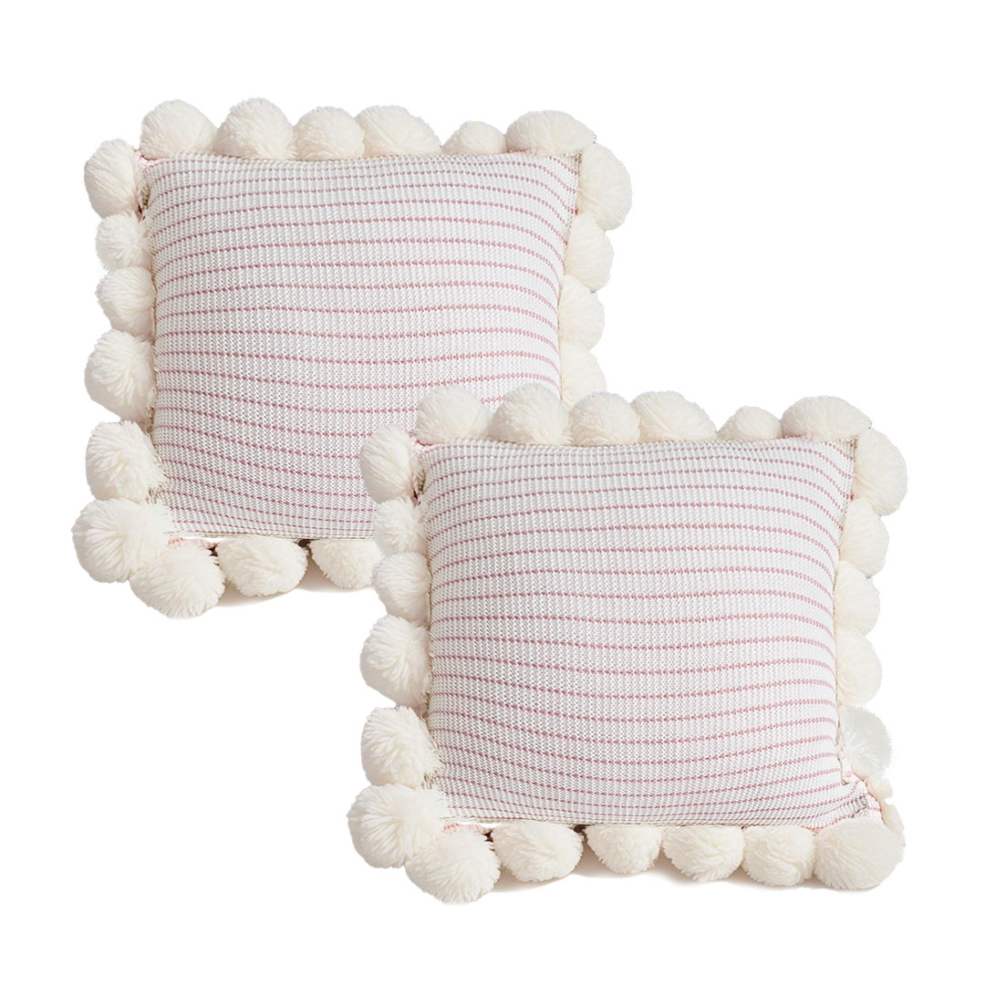 SOGA 2X 17.7inches Cream Waffle Weave Decorative Pillow Cover with Pom Poms