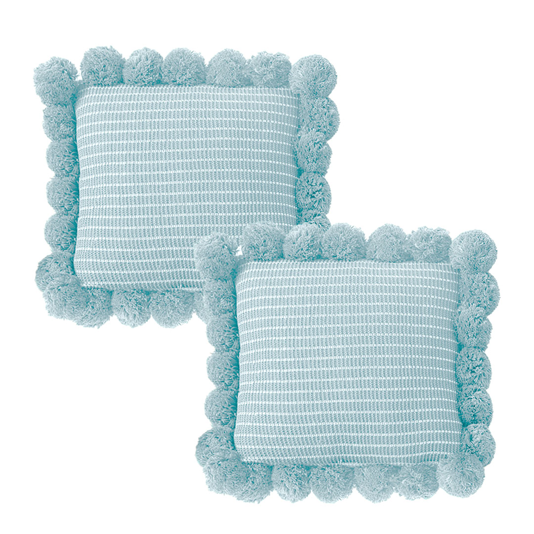 SOGA 2x 17.7 inches Light Blue Ribbed Decorative Pillow Cover with Pom Poms
