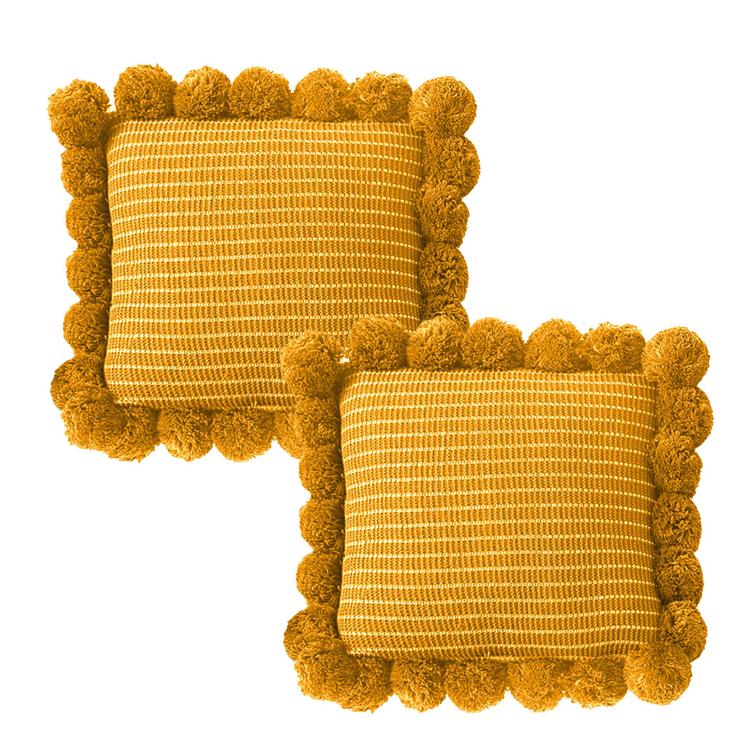 SOGA 2X 17.7 inches Mustard Yellow Pillow Cover with Decorative Pom Poms