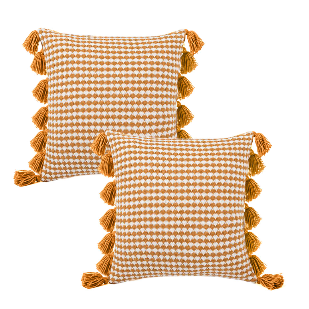 SOGA 2X 17.7 inches Orange Houndstooth Pillow Cover with Decorative Tassels