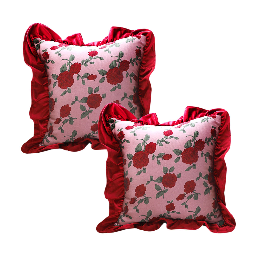 SOGA 2X 17.7inches Rose Garden Pillow Cover with decorative Burgundy Ruffle