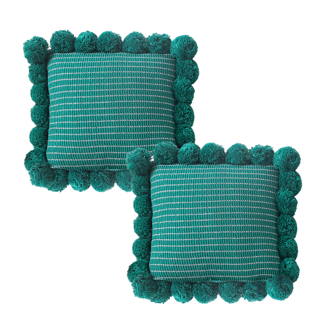 SOGA 2X 17.7 inches Teal Ribbed Pillow Cover with Decorative Pom Poms