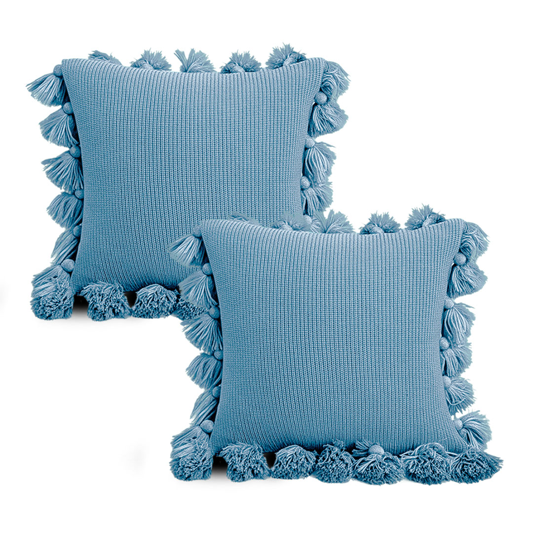 SOGA 2X 17.7in Textured Pillowcase with Decorative Pom-Pom Trim (Sky Blue)