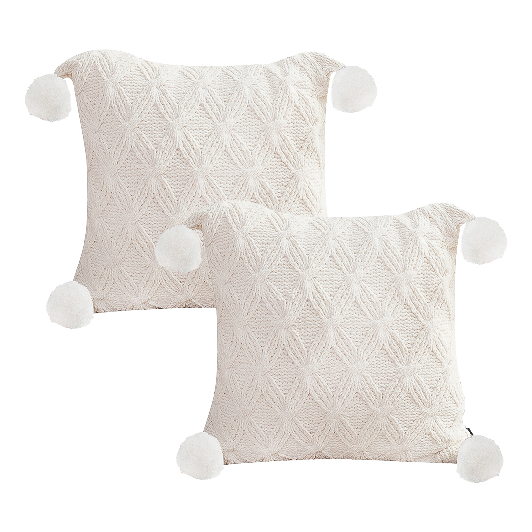 SOGA 2X 17.7inches Luxurious Ivory Diamond Knit Pillowcases with Pom-Poms