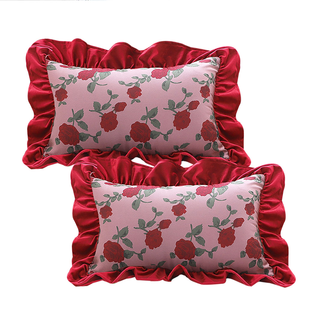 SOGA 2X 11.8x19.7 inches Rose Print Pillow Cover with Red Ruffle Border