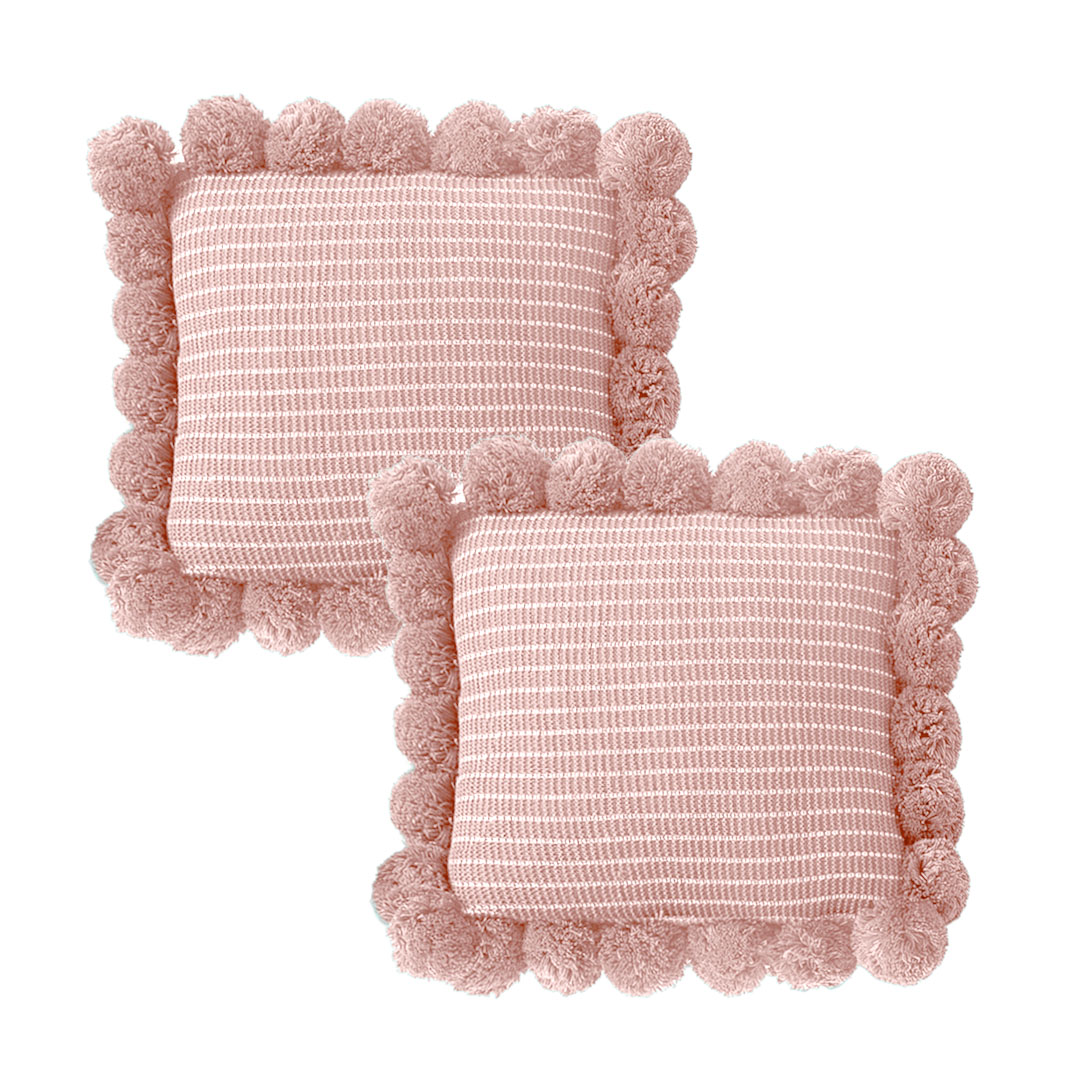 SOGA 2X 17.7 inches Blush Pink Ribbed Pillow Cover with Pom Poms