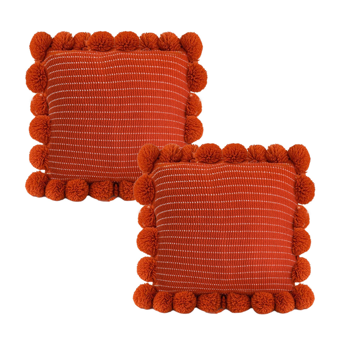 SOGA 2X 17.7 inches Rust Red Ribbed Pillow Cover with Decorative Pom Poms