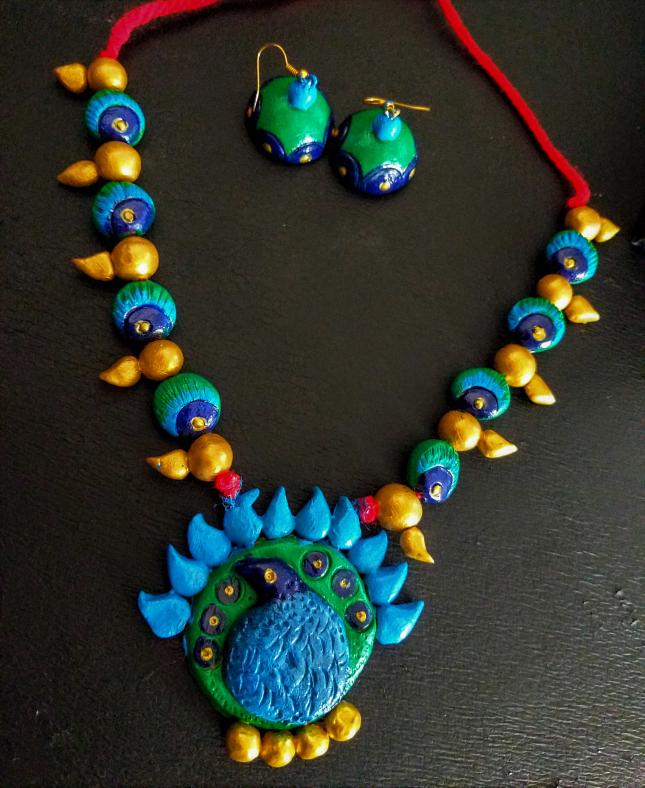 Hand made Terracotta Peacock Necklace & Earrings Set