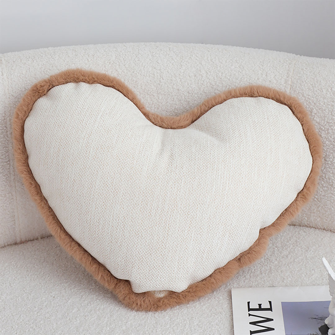 SOGA Set of 2 Heart Plush Pillow Covers - Beige/Brown/White