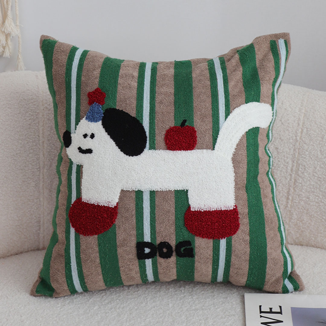SOGA Set of 2 Dog Print Striped Pillow Covers - 45cm Green/Red/White