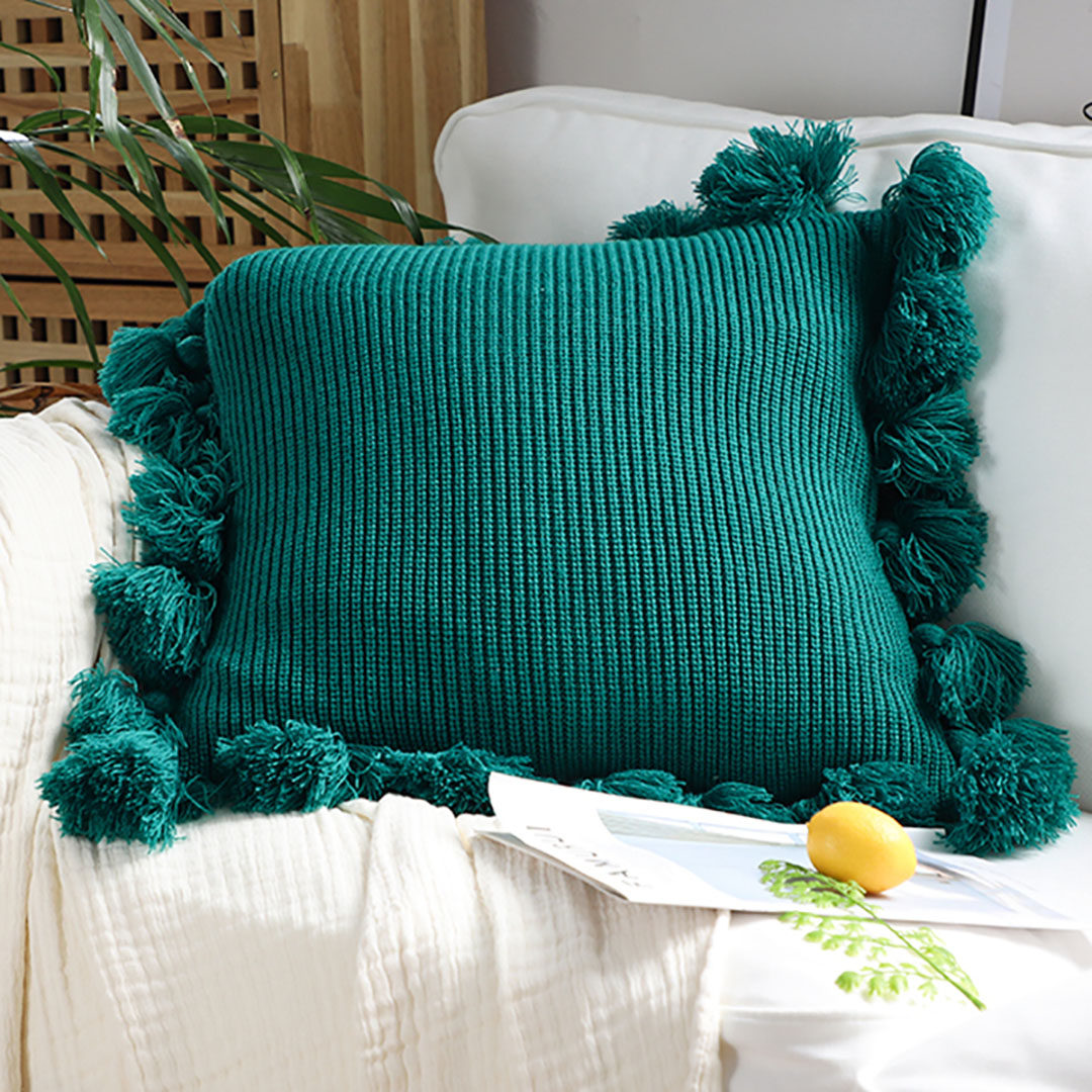 SOGA 2X 45cm Textured Pillowcase with Pom-Pom Trim (Emerald Green