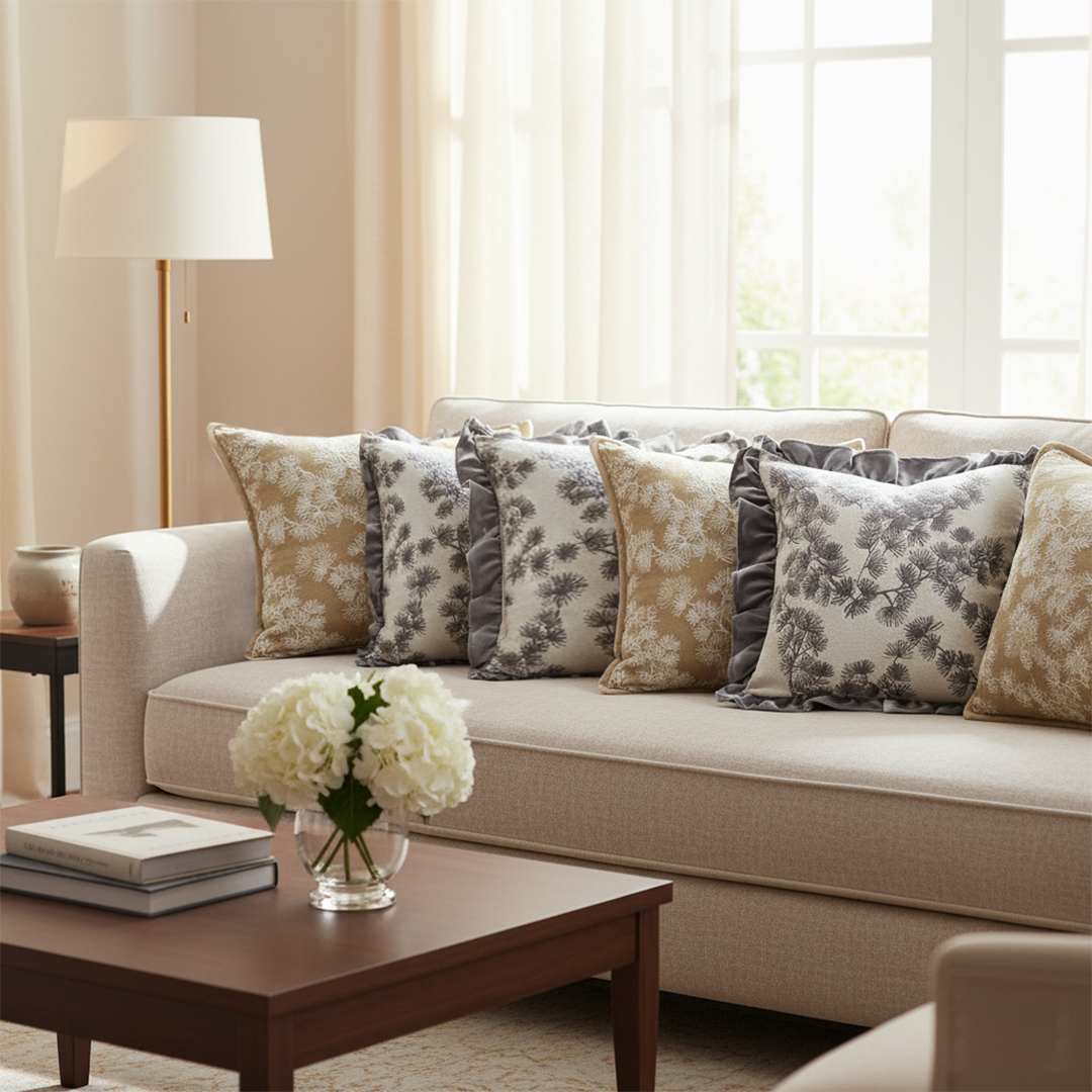 SOGA 6PC 45cm Pillow Set – 3 Champagne Gold Ruffle & 3 Beige Floral Covers 